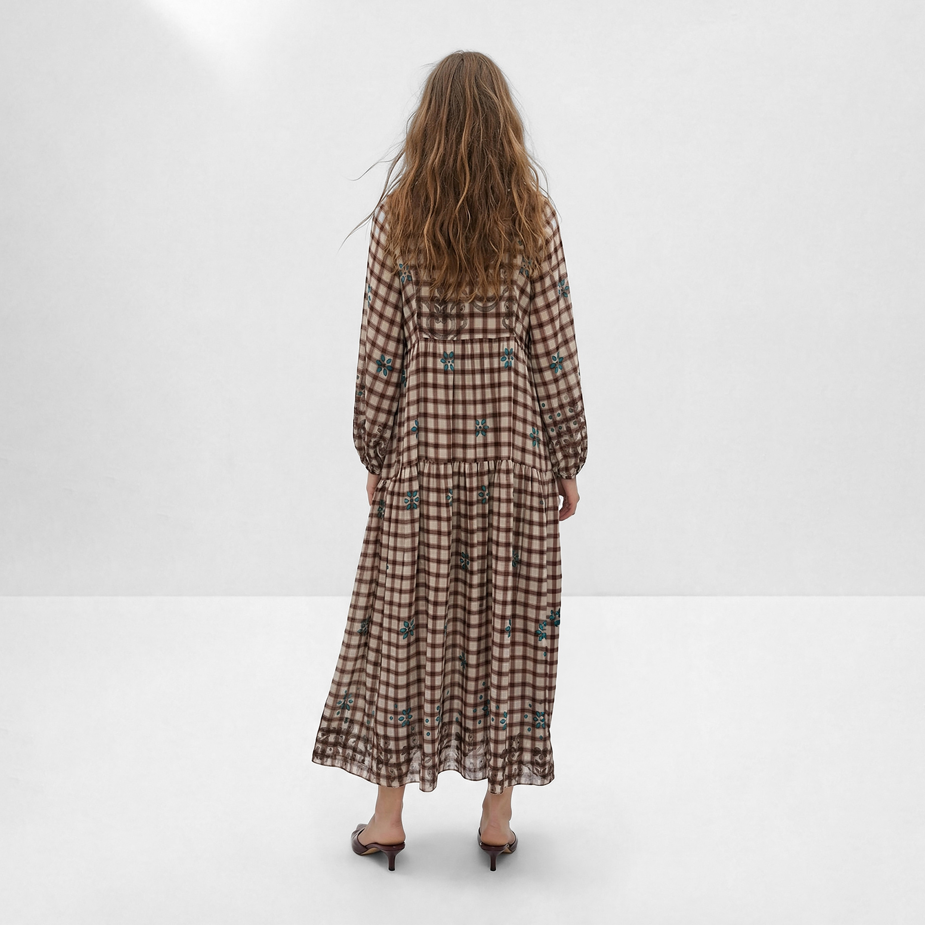 Trendyol Modest Brown Checked Mandarin Collar Elastic Cuffed Tiered Women's Maxi Dress-women-clothing-dresses-image-3