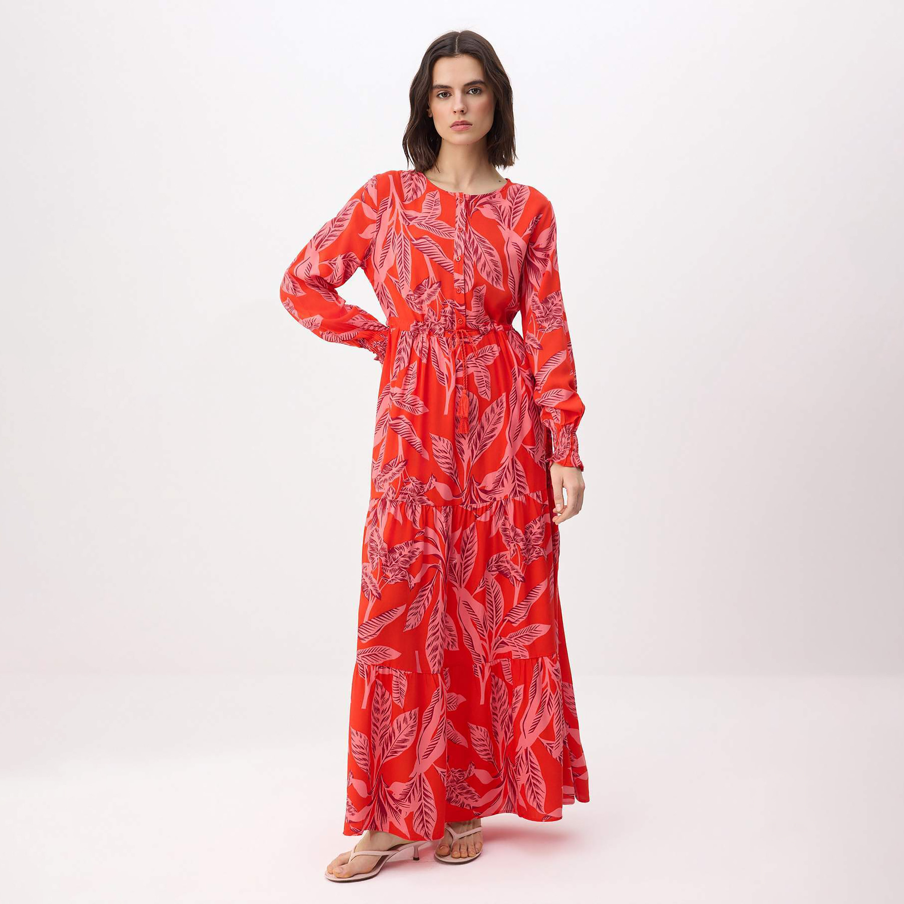 Trendyol Modest Red Leaf Print Tiered Women's Maxi Dress-women-clothing-dresses-image-1