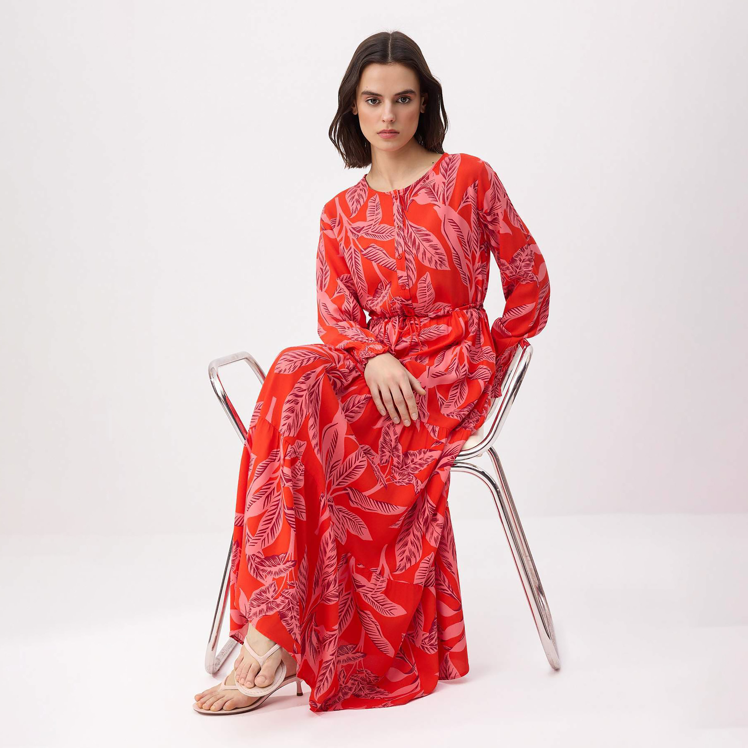 Trendyol Modest Red Leaf Print Tiered Women's Maxi Dress-women-clothing-dresses-image-2