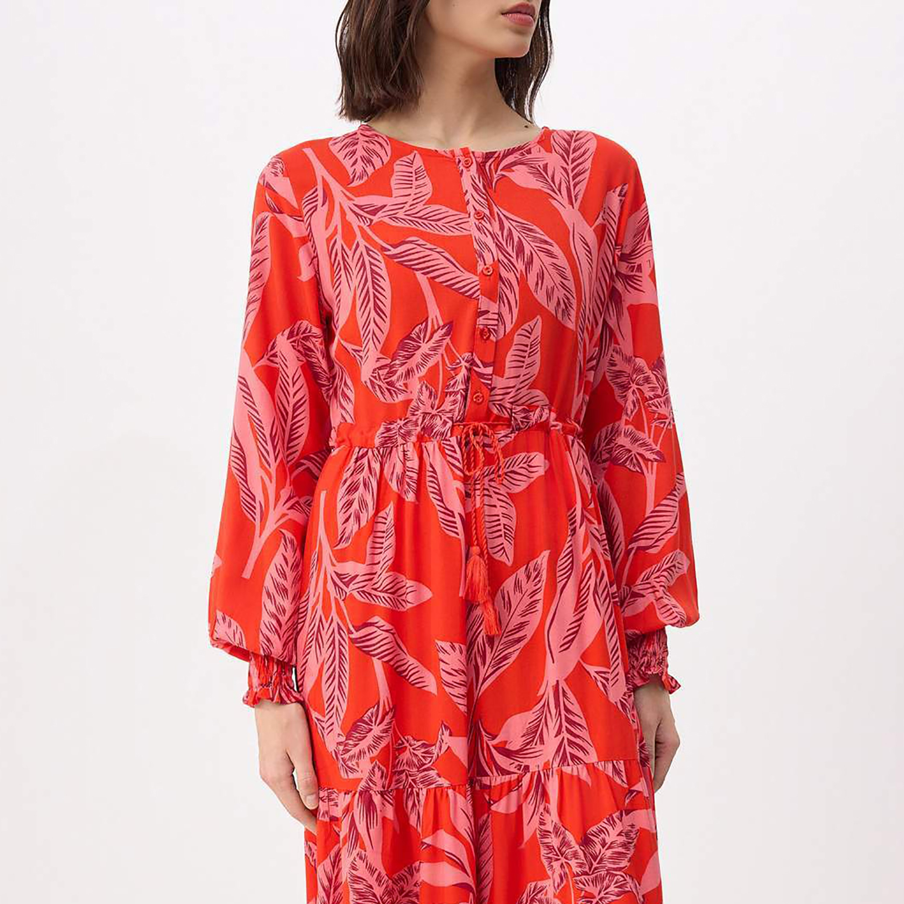 Trendyol Modest Red Leaf Print Tiered Women's Maxi Dress-women-clothing-dresses-image-4