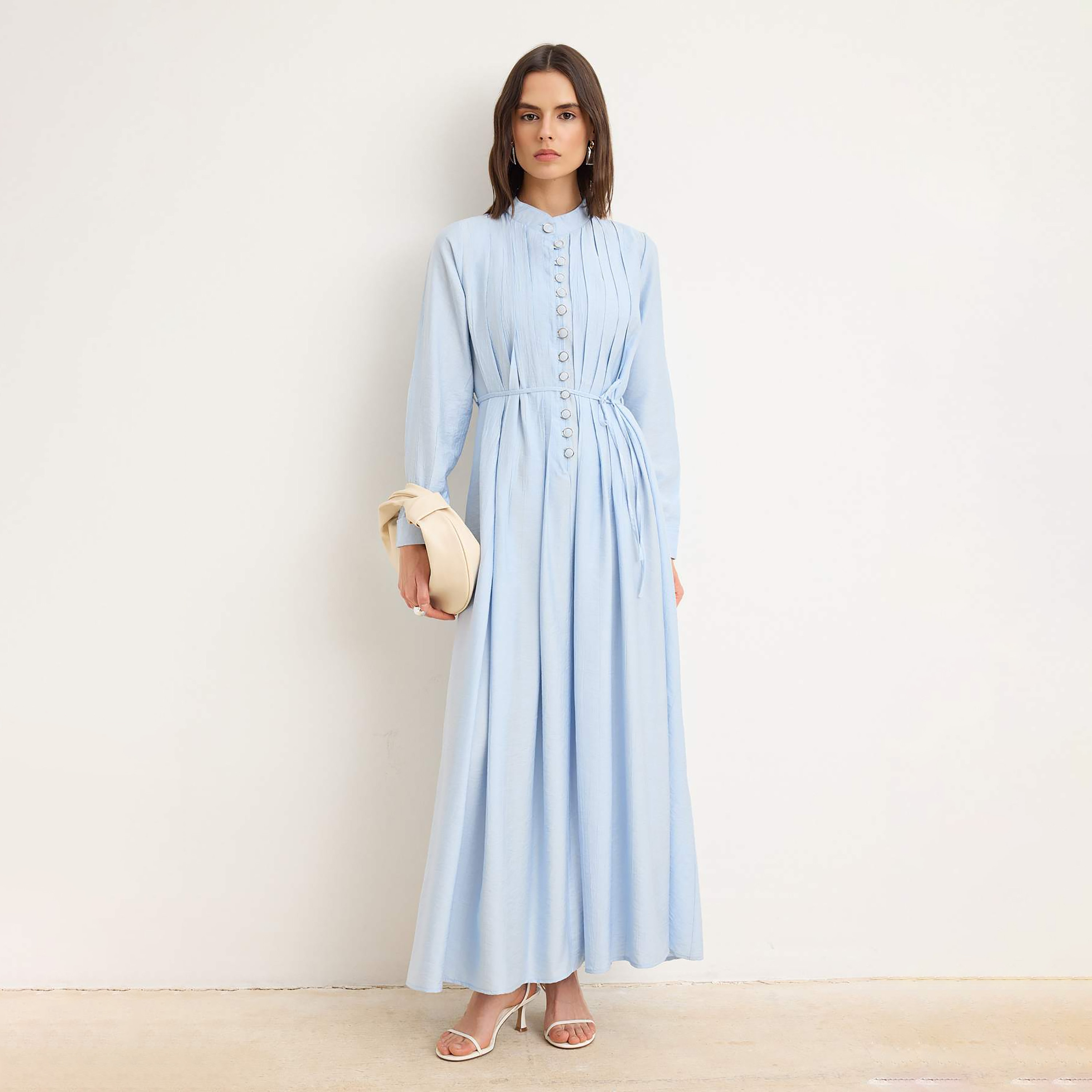 Trendyolmilla Blue Pleated Band Collar Cuffed Sleeves Fit & Flared Women's Maxi Dress-women-clothing-dresses-image-1