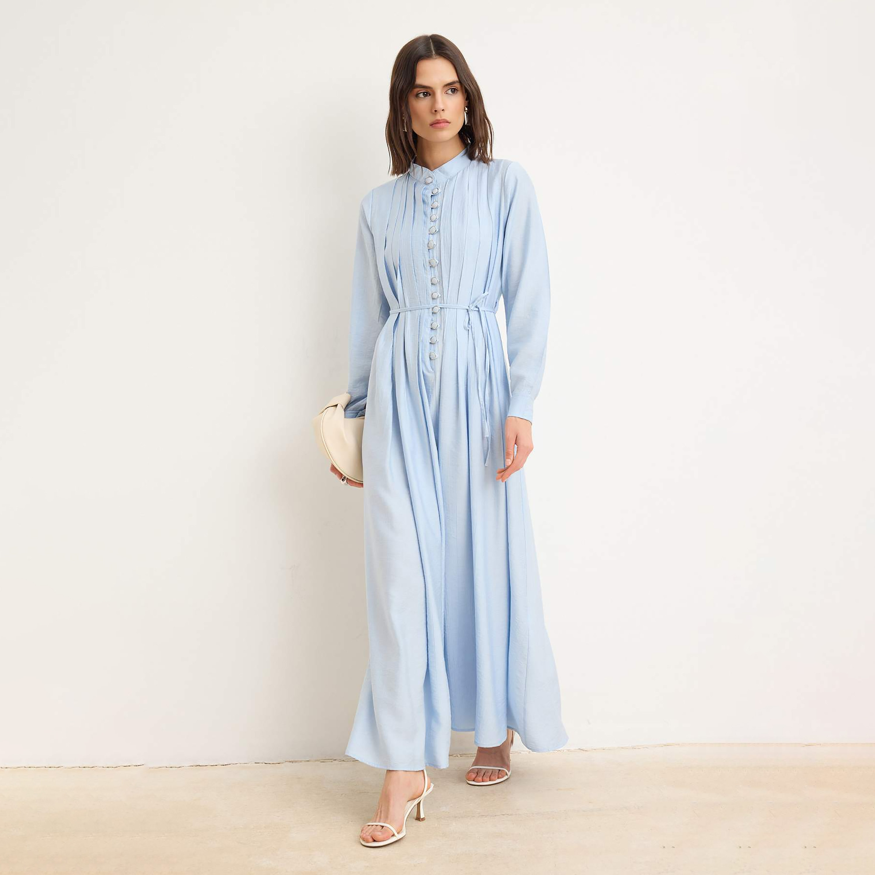 Trendyolmilla Blue Pleated Band Collar Cuffed Sleeves Fit & Flared Women's Maxi Dress-women-clothing-dresses-image-2
