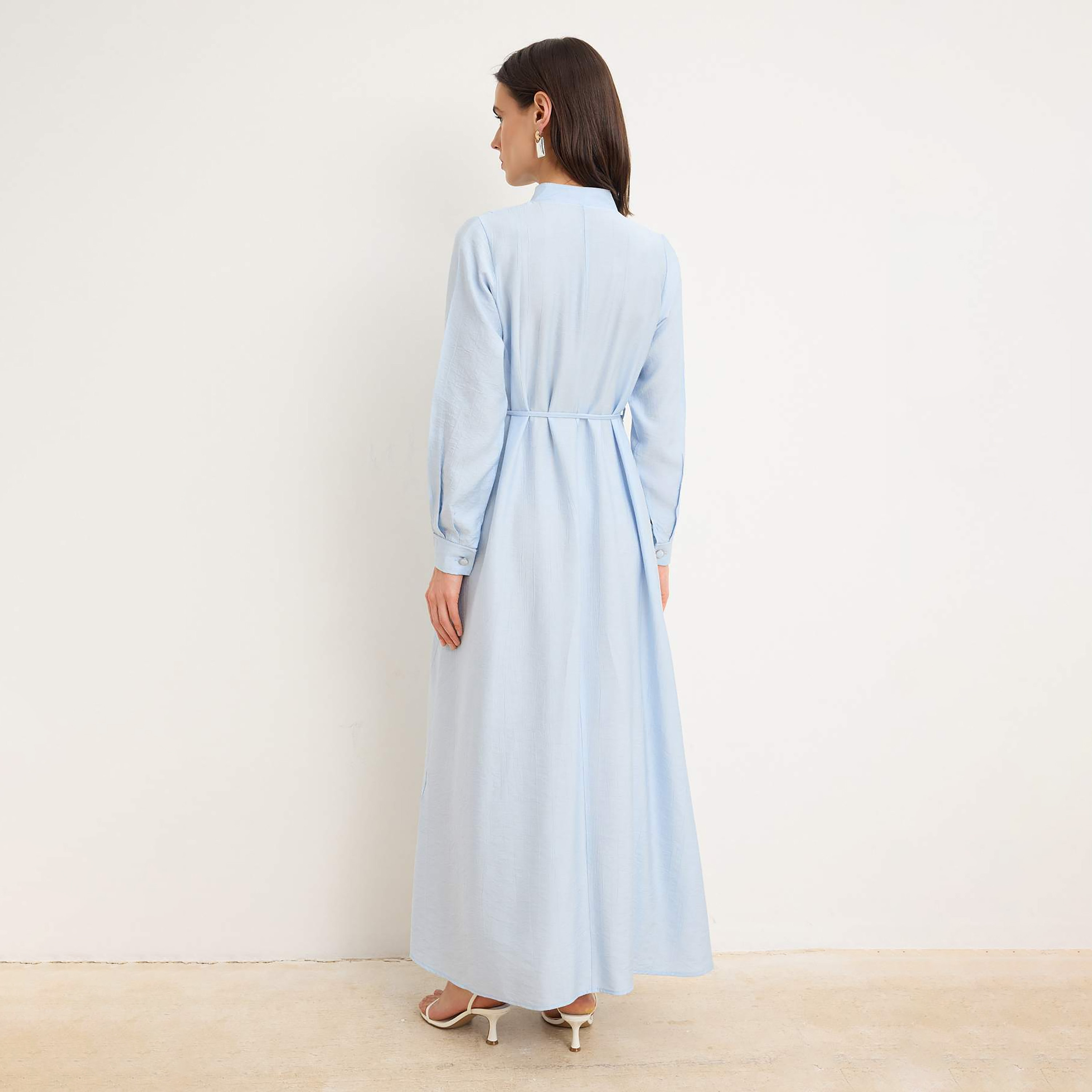 Trendyolmilla Blue Pleated Band Collar Cuffed Sleeves Fit & Flared Women's Maxi Dress-women-clothing-dresses-image-3