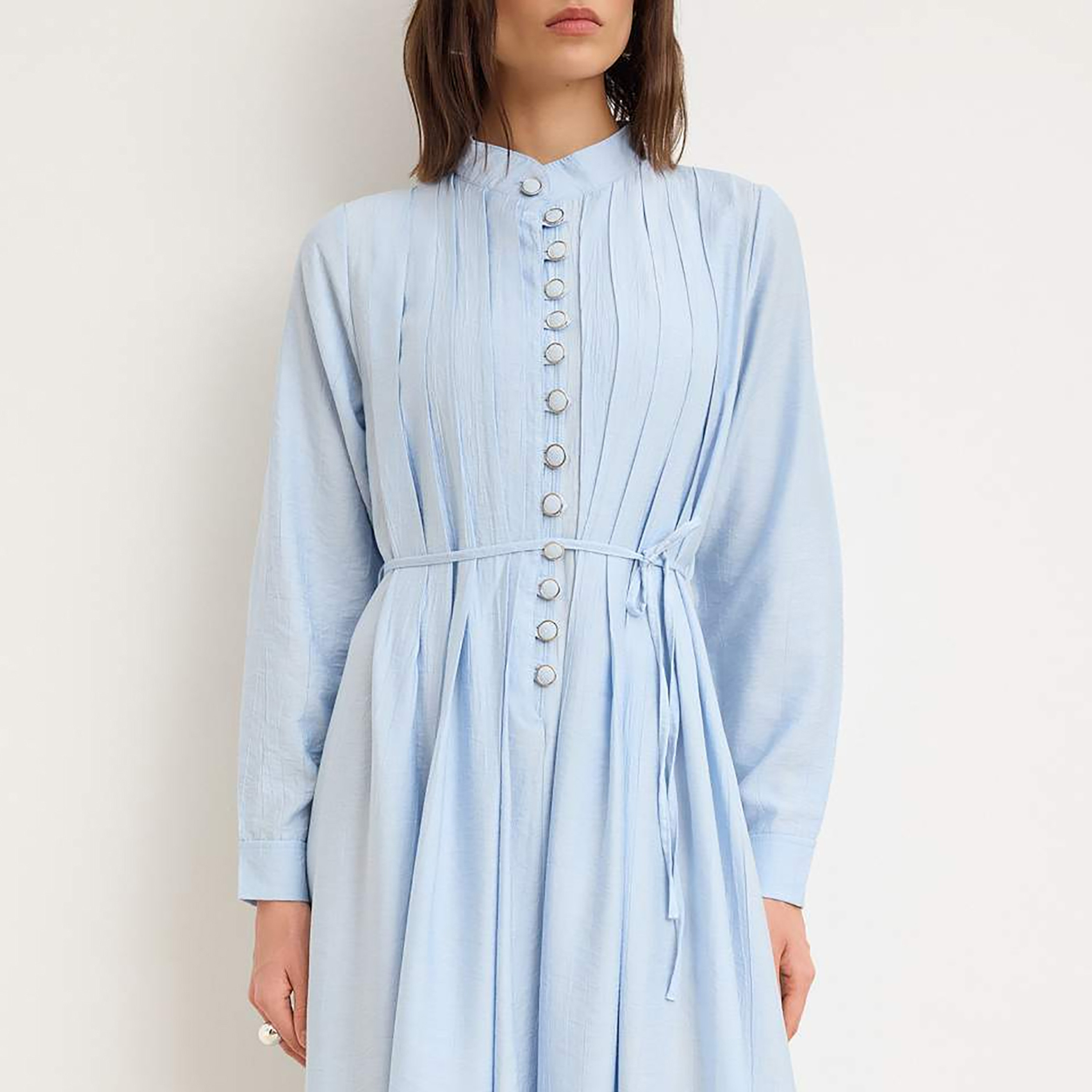 Trendyolmilla Blue Pleated Band Collar Cuffed Sleeves Fit & Flared Women's Maxi Dress-women-clothing-dresses-image-4