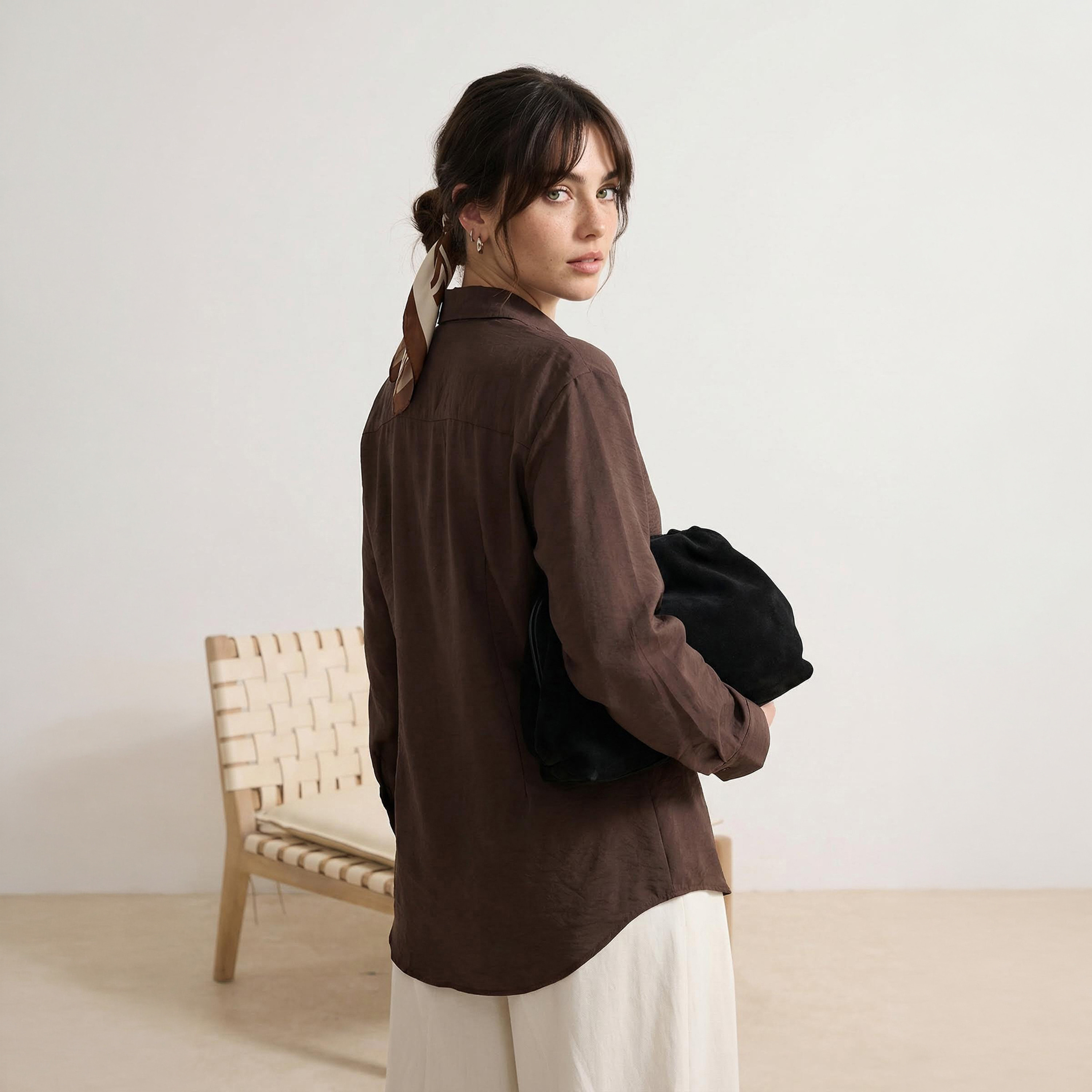 قميص حريمي محتشم بني بملمس مميز بياقة وأكمام منسدلة من ترينديول-women-clothing-shirtsandblouses-shirts-image-3