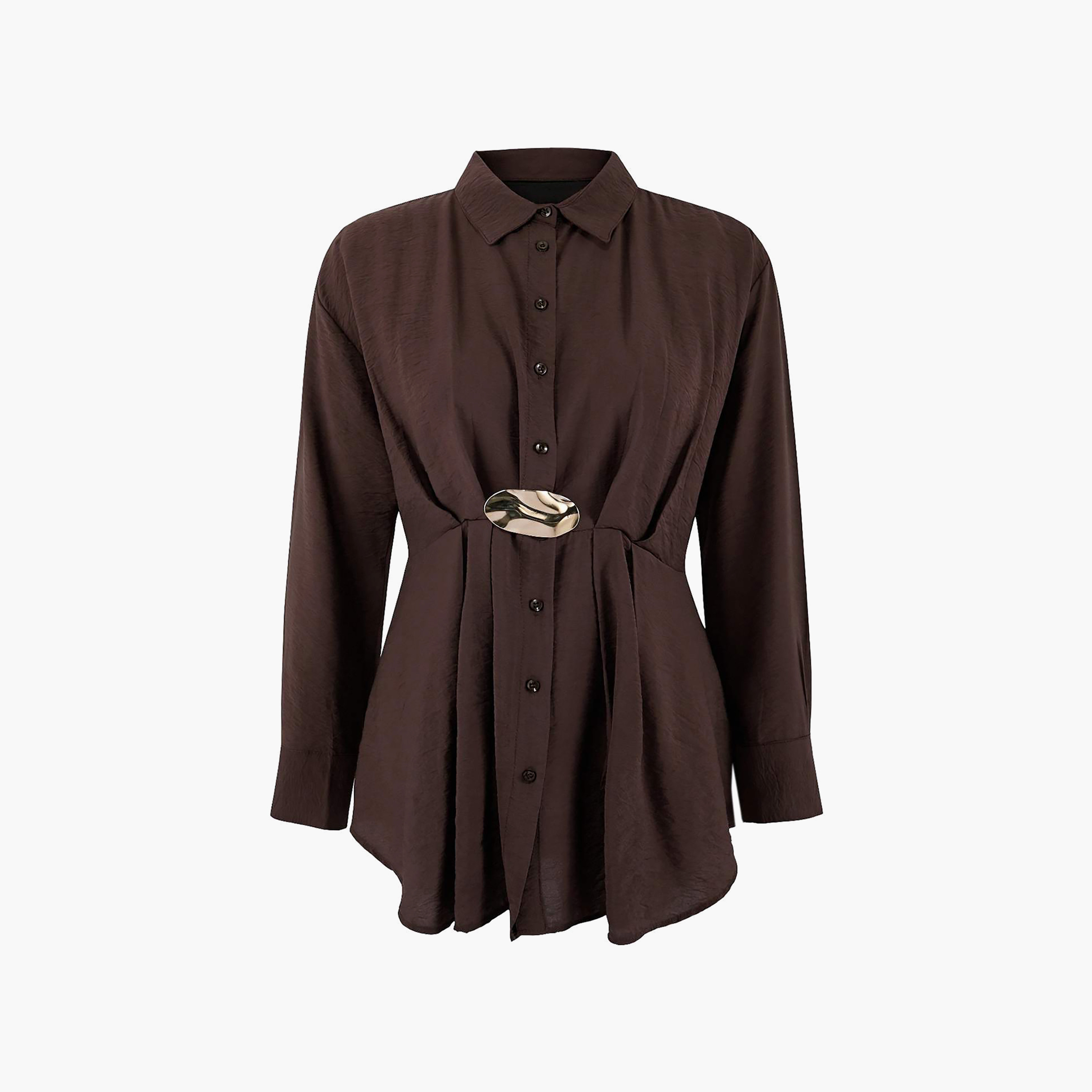 قميص حريمي محتشم بني بملمس مميز بياقة وأكمام منسدلة من ترينديول-women-clothing-shirtsandblouses-shirts-image-5
