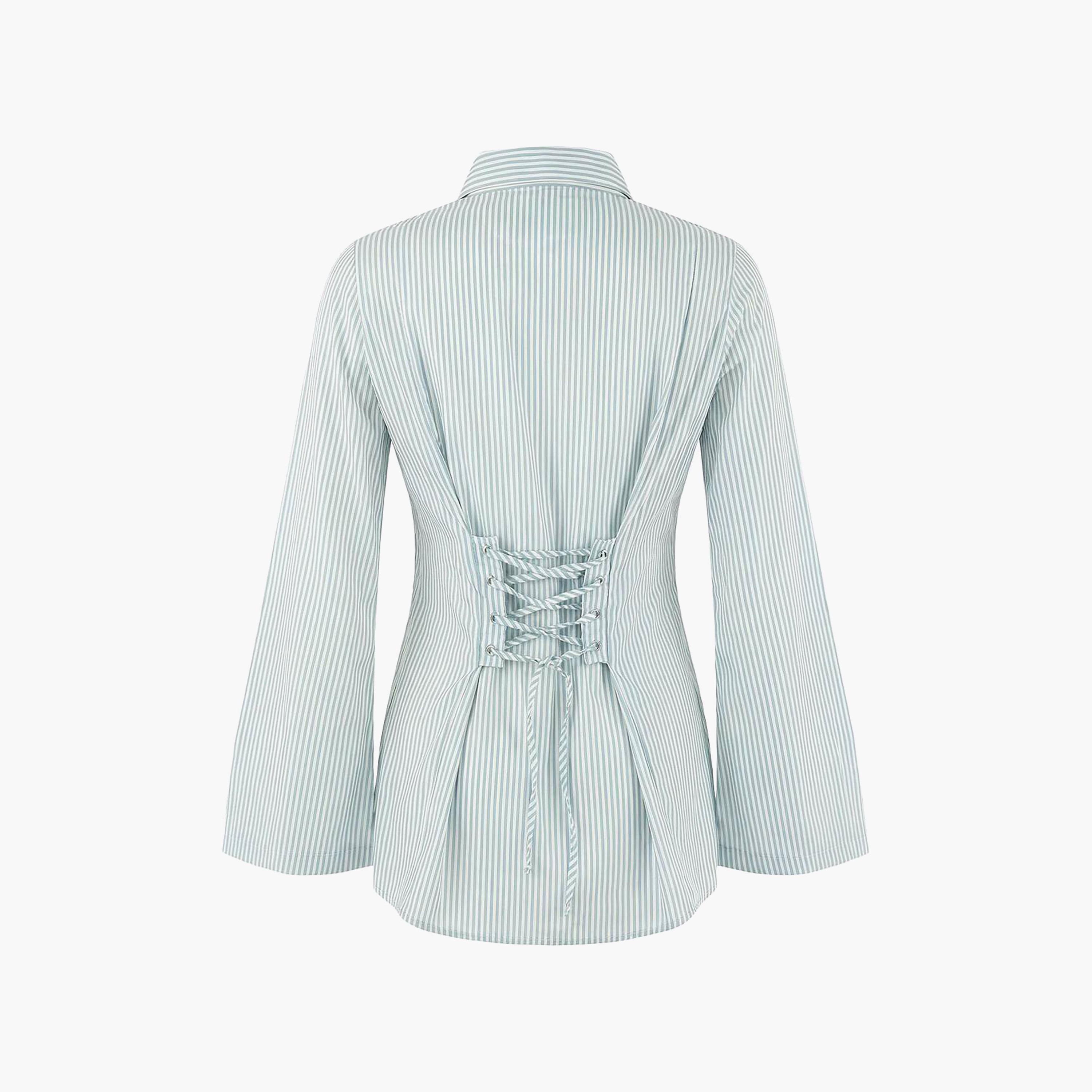 قميص حريمي محتشم مخطط باللون الأخضر بياقة مدببة وأكمام واسعة من ترينديول-women-clothing-shirtsandblouses-shirts-image-5