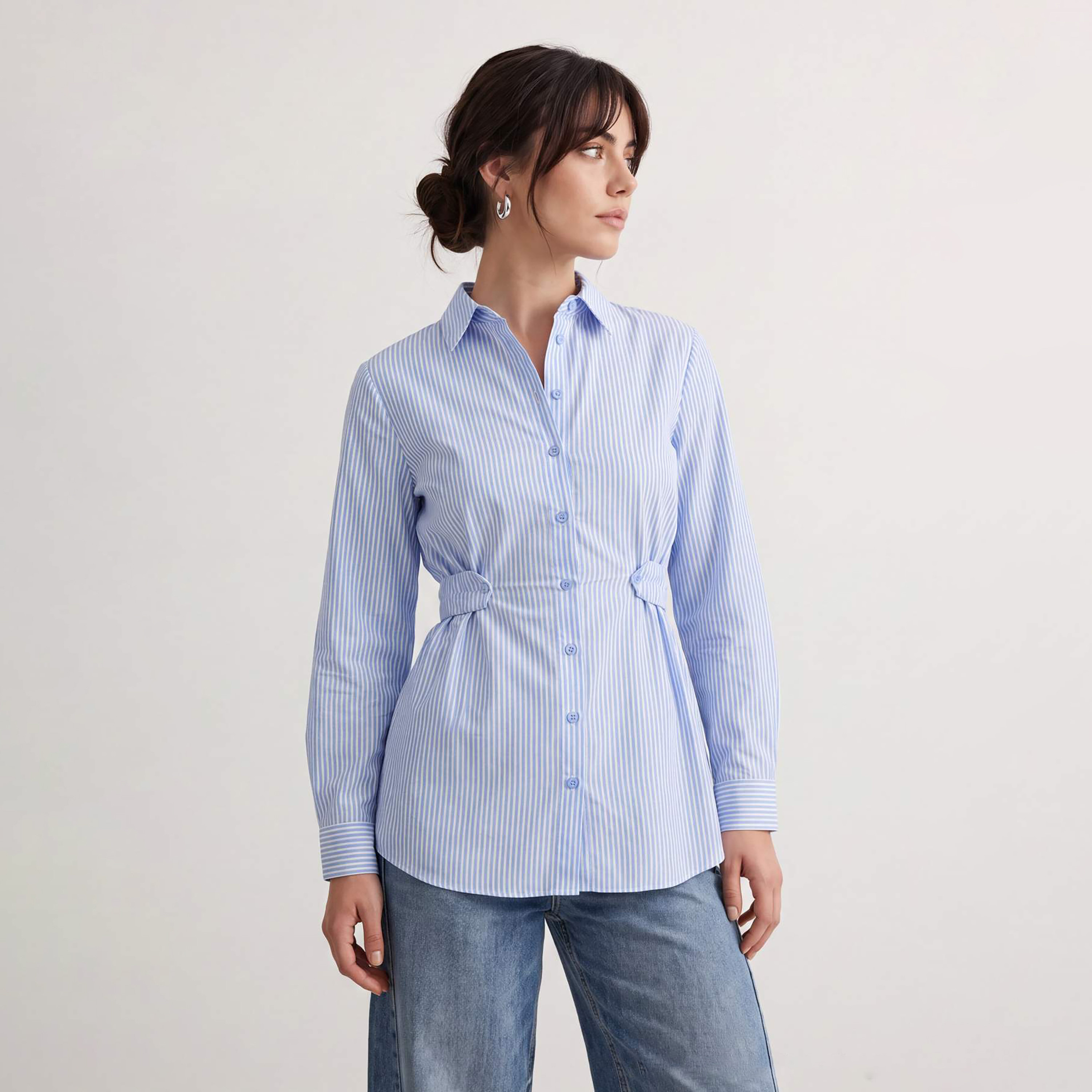 قميص حريمي أزرق مخطط بياقة من ترينديول مودست-women-clothing-shirtsandblouses-shirts-image-1