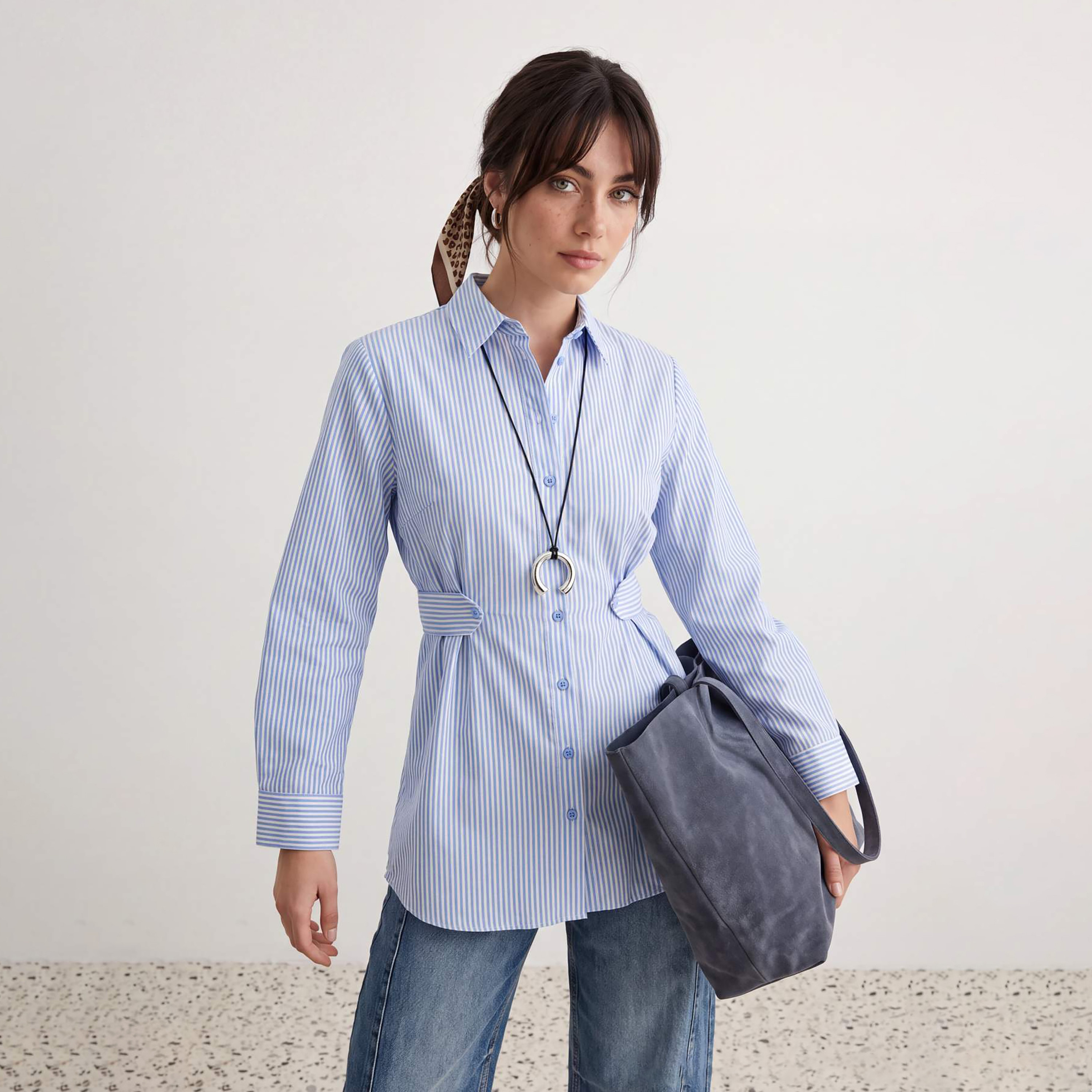 قميص حريمي أزرق مخطط بياقة من ترينديول مودست-women-clothing-shirtsandblouses-shirts-image-4
