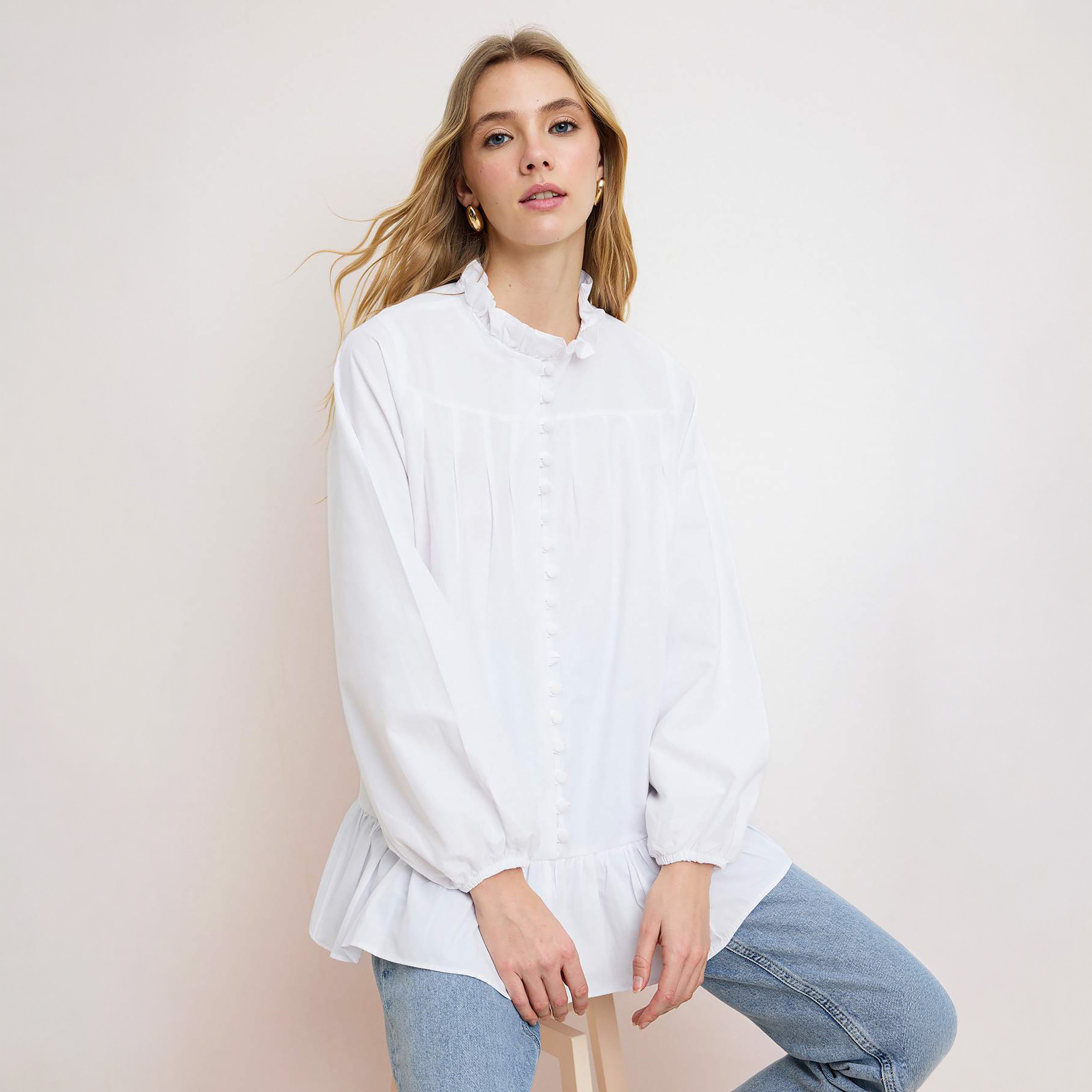 Trendyol Modest White Ruffled Collar Balloon Sleeves Women's Peplum Top-women-clothing-shirtsandblouses-blouses-image-1