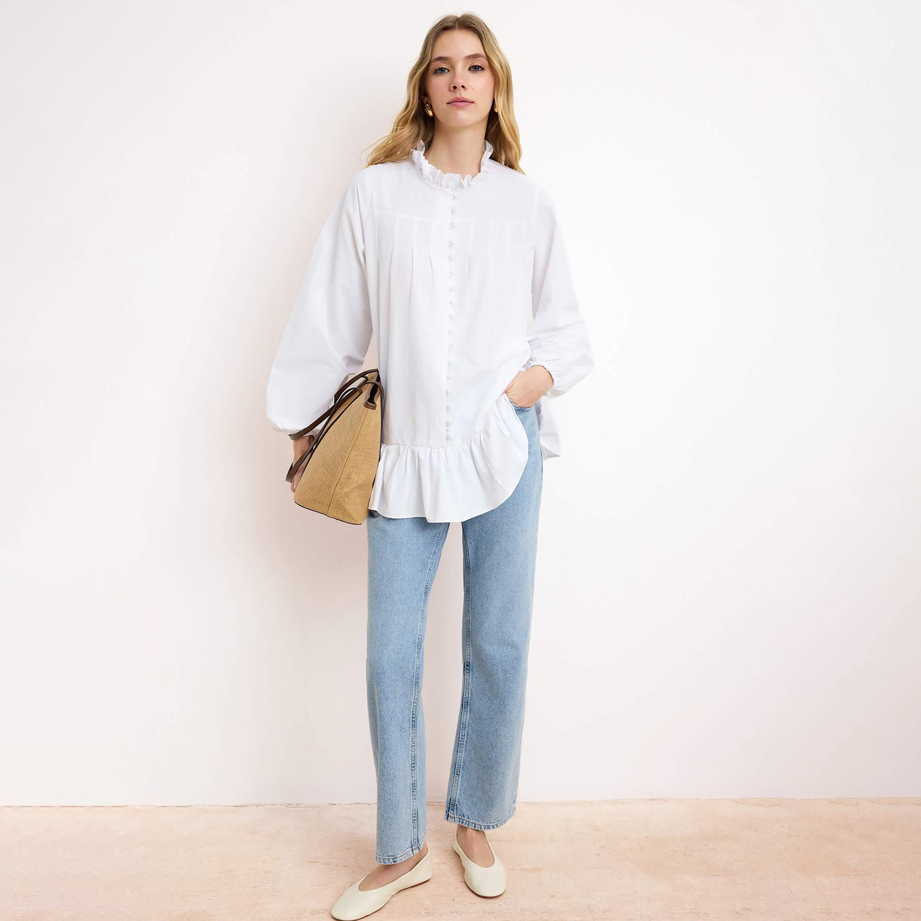 Trendyol Modest White Ruffled Collar Balloon Sleeves Women's Peplum Top-women-clothing-shirtsandblouses-blouses-image-2