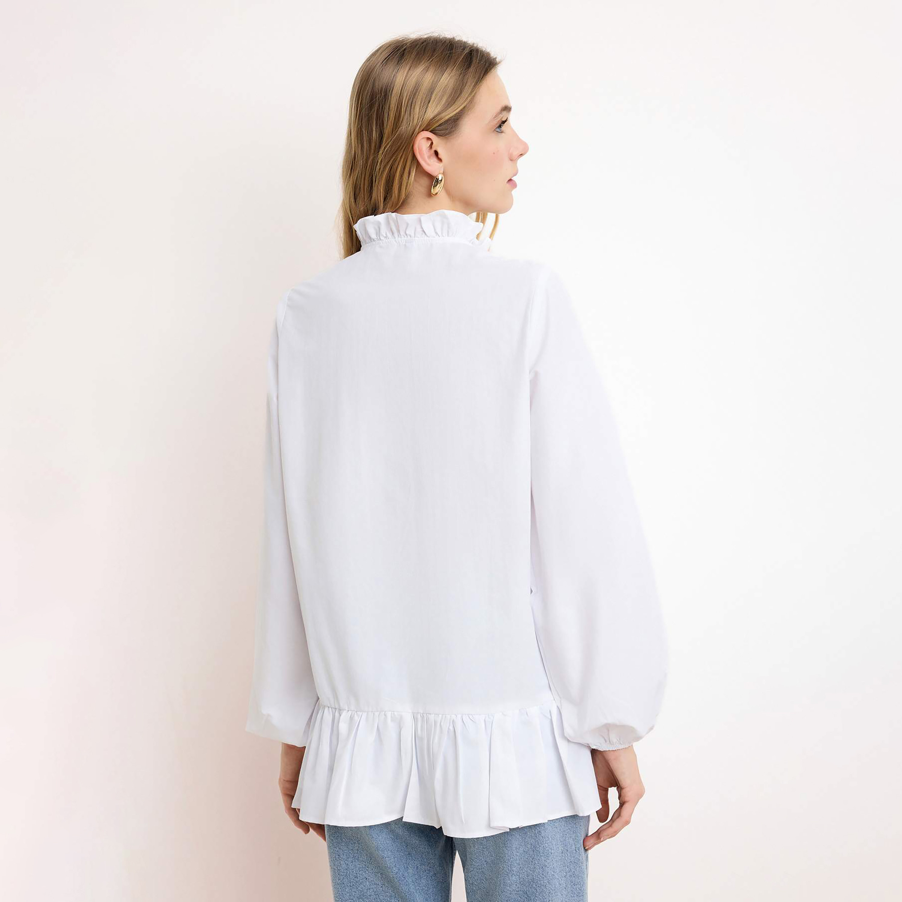 Trendyol Modest White Ruffled Collar Balloon Sleeves Women's Peplum Top-women-clothing-shirtsandblouses-blouses-image-3