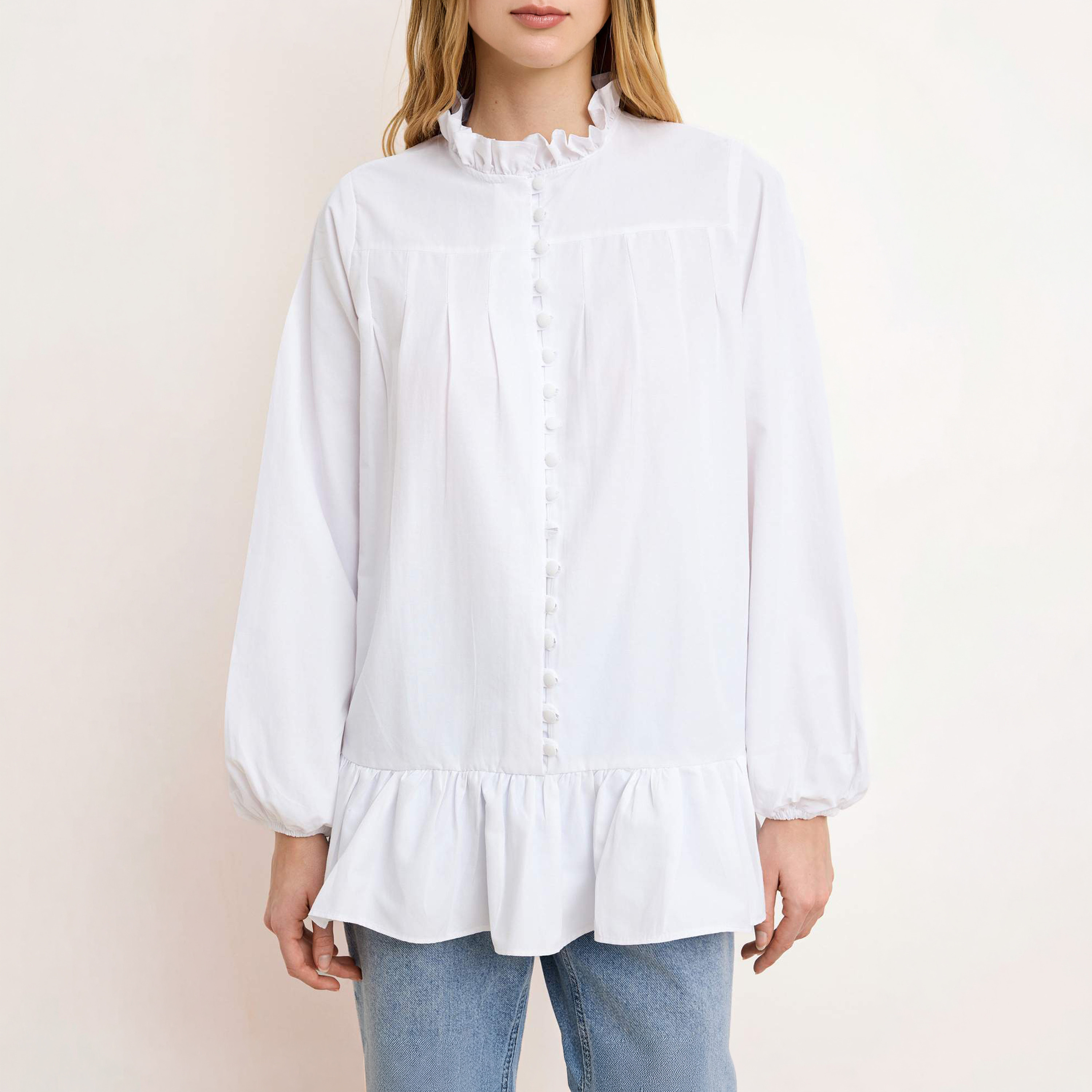 Trendyol Modest White Ruffled Collar Balloon Sleeves Women's Peplum Top-women-clothing-shirtsandblouses-blouses-image-4