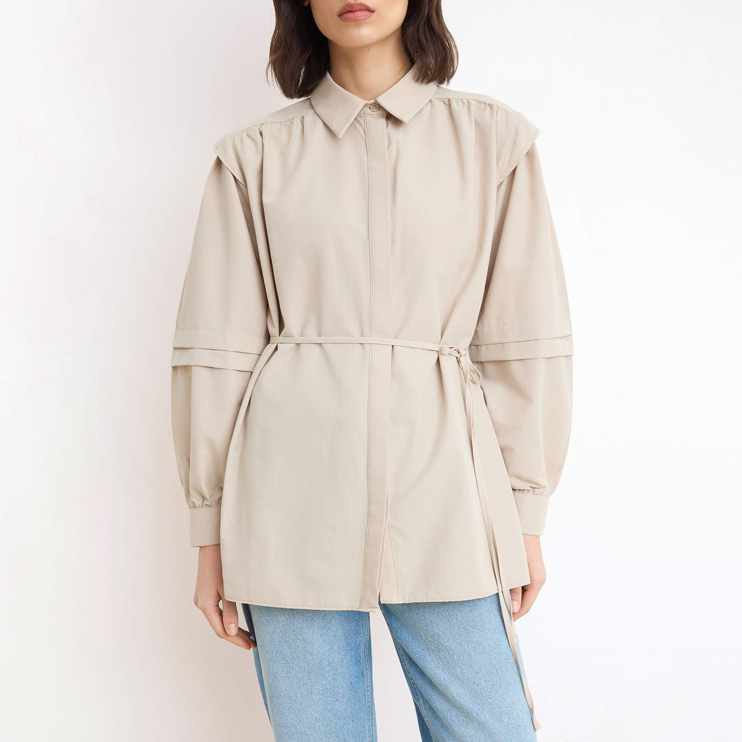 قميص حريمي محتشم بلون البيج بياقة قميص وأكمام بالون من ترينديول-women-clothing-shirtsandblouses-shirts-image-4