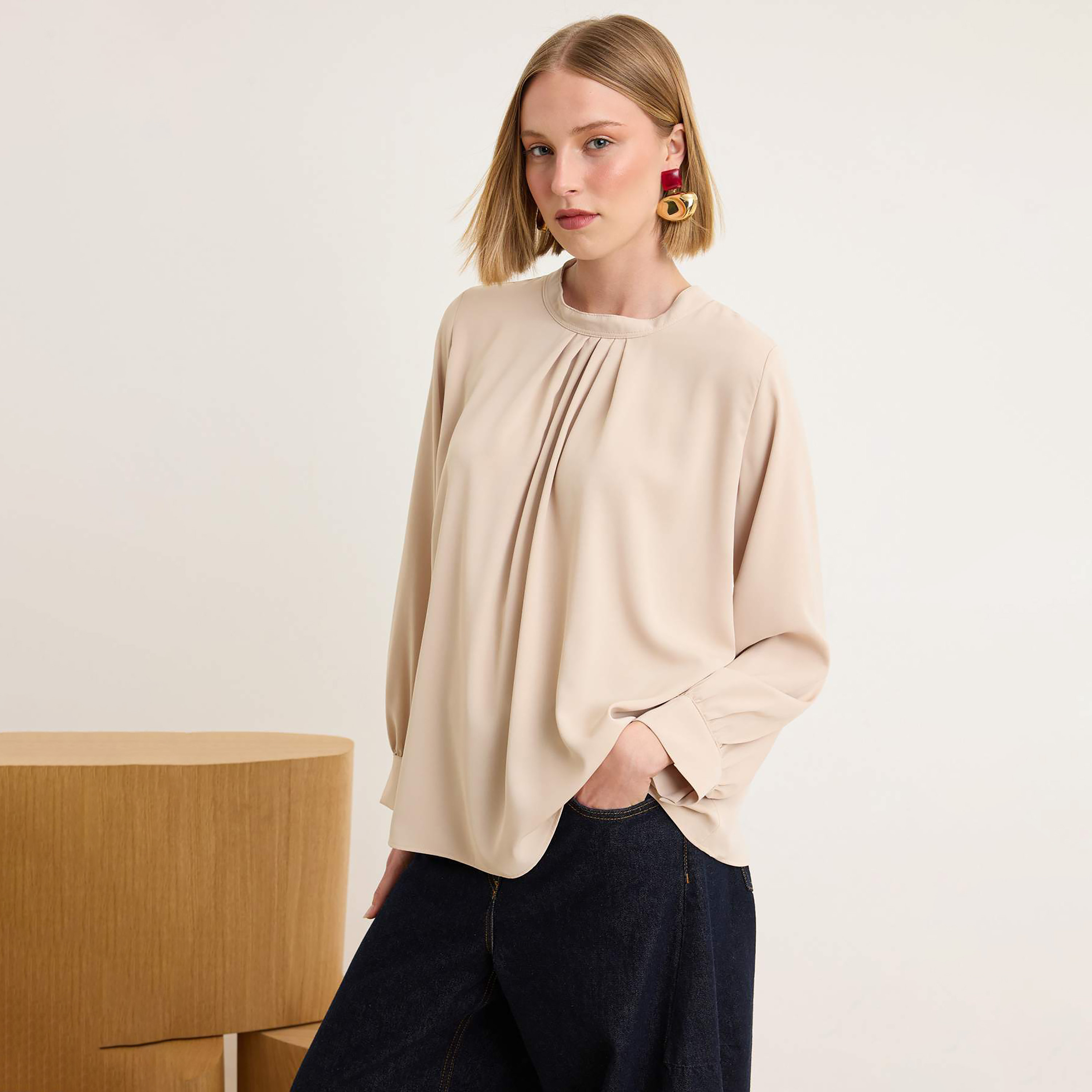 Modest Beige Satin Women's Top-women-clothing-shirtsandblouses-blouses-image-1