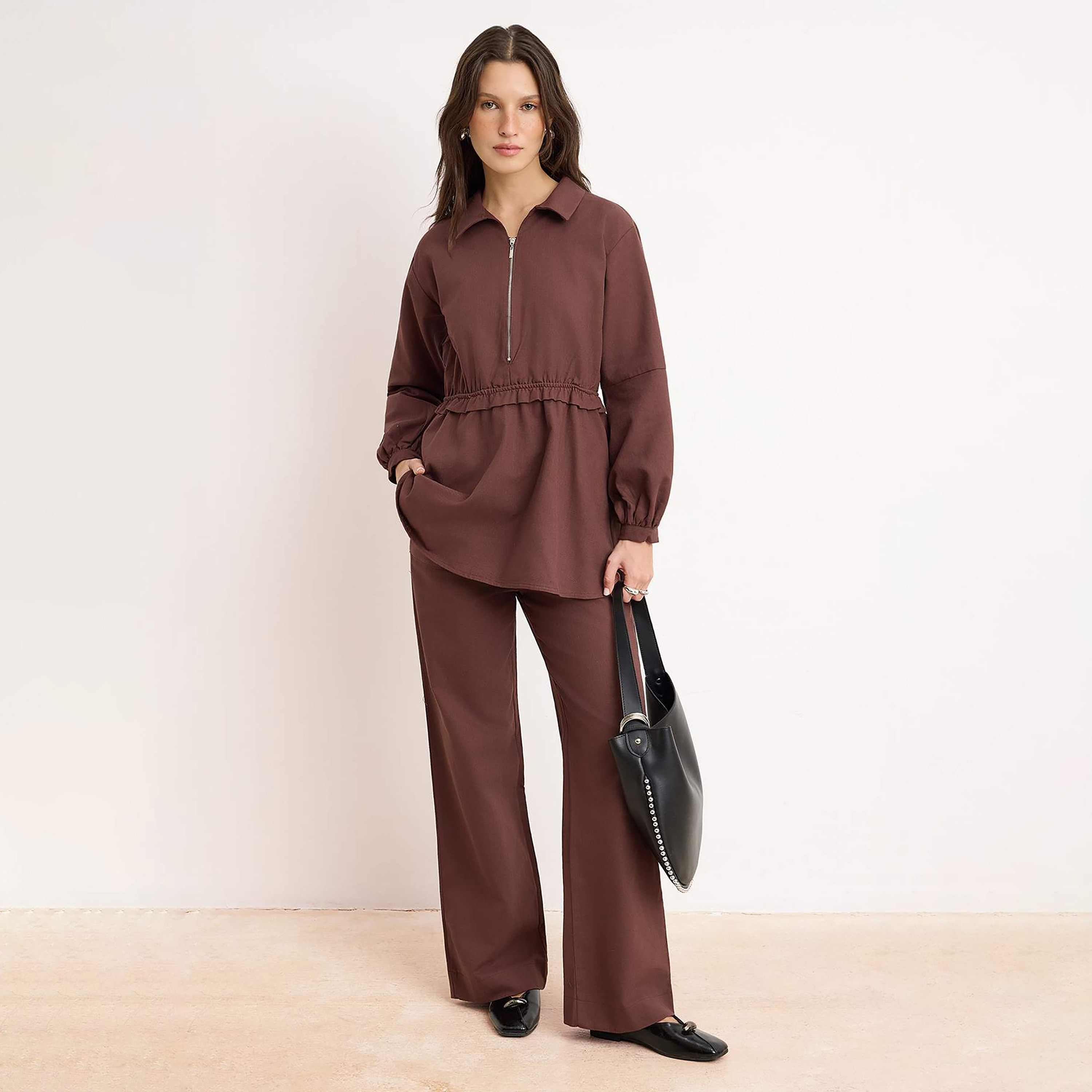 Trendyol Modest Brown Collared Balloon Sleeves Women's Tunic & Trousers Set-women-clothing-coordsets-image-1