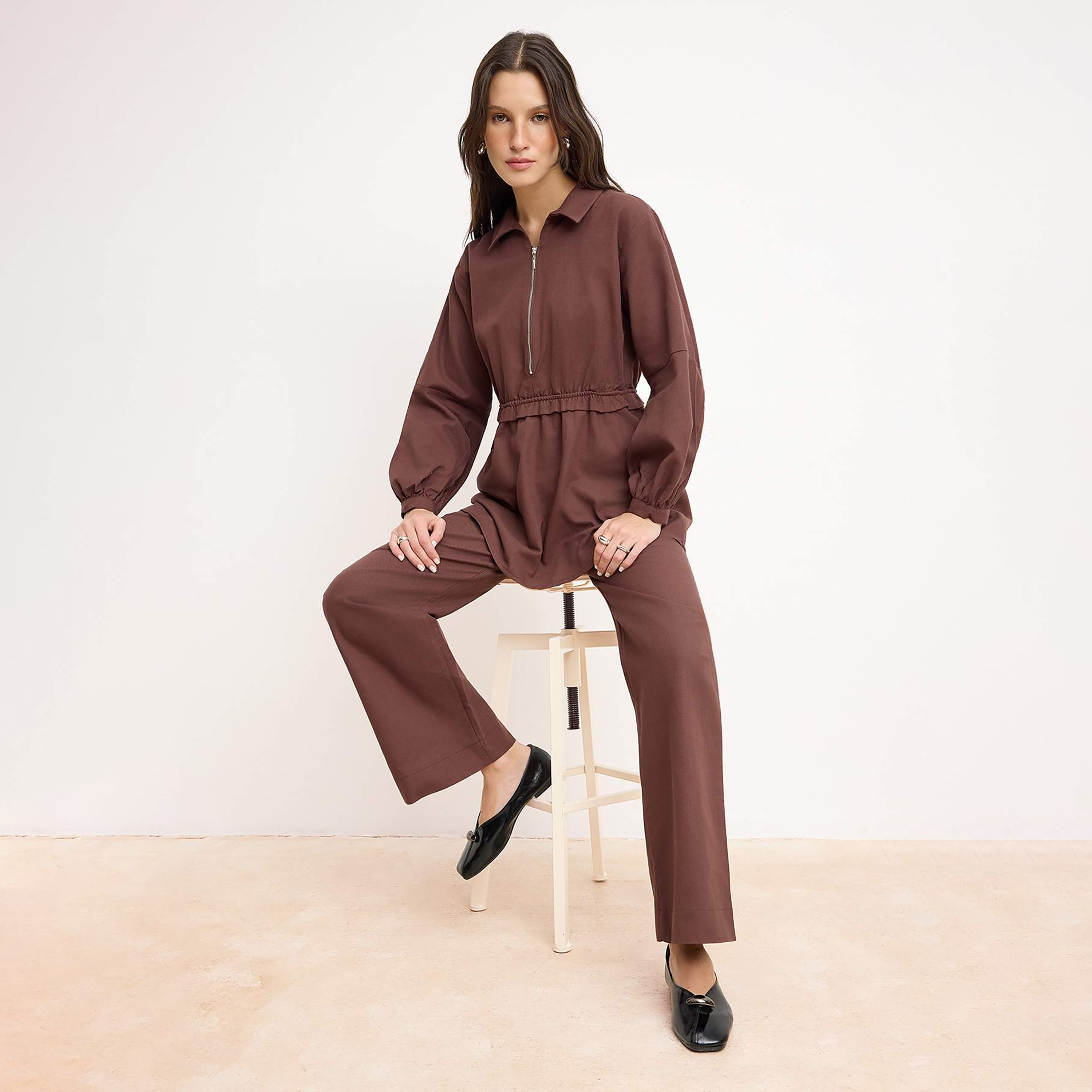 Trendyol Modest Brown Collared Balloon Sleeves Women's Tunic & Trousers Set-women-clothing-coordsets-image-2