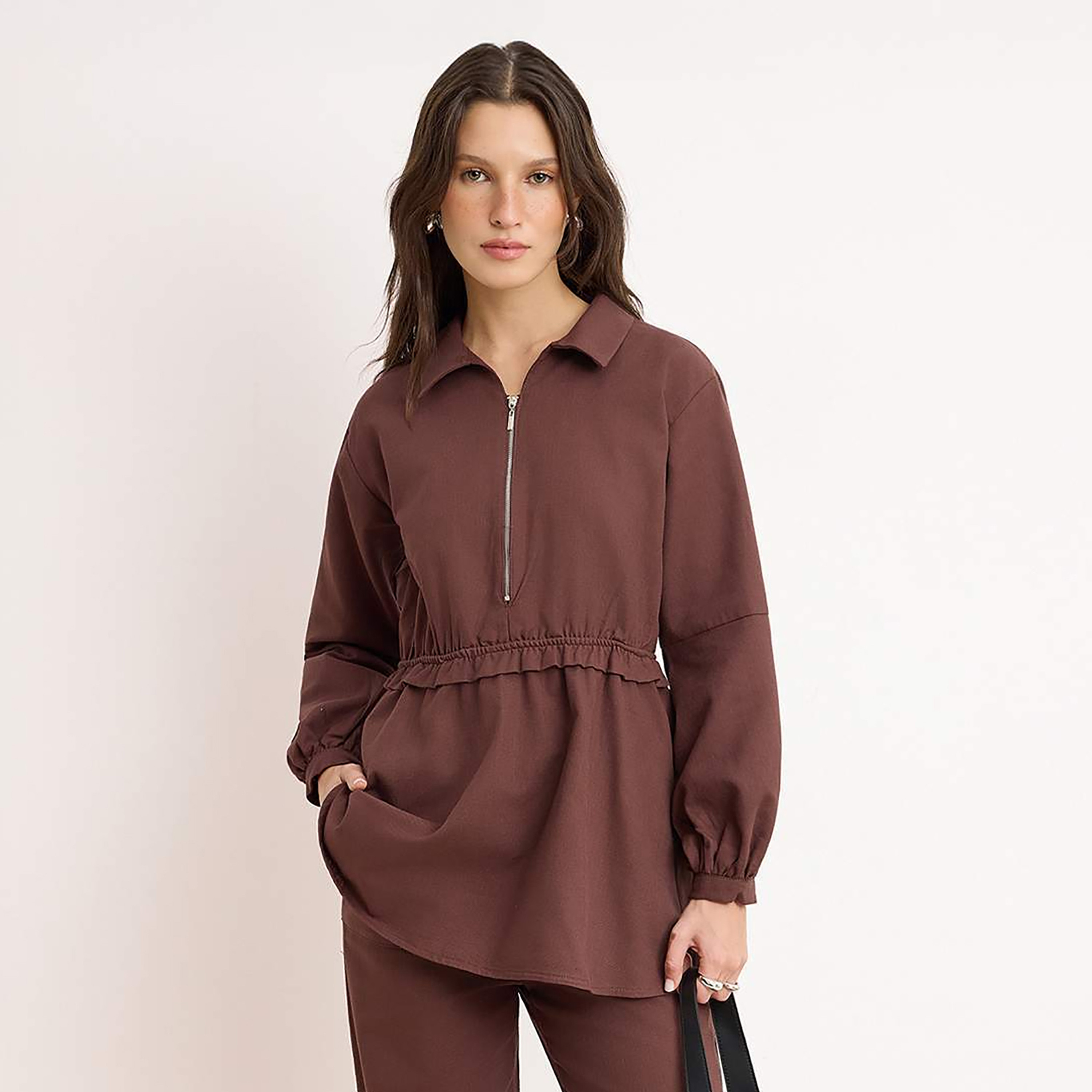 Trendyol Modest Brown Collared Balloon Sleeves Women's Tunic & Trousers Set-women-clothing-coordsets-image-3
