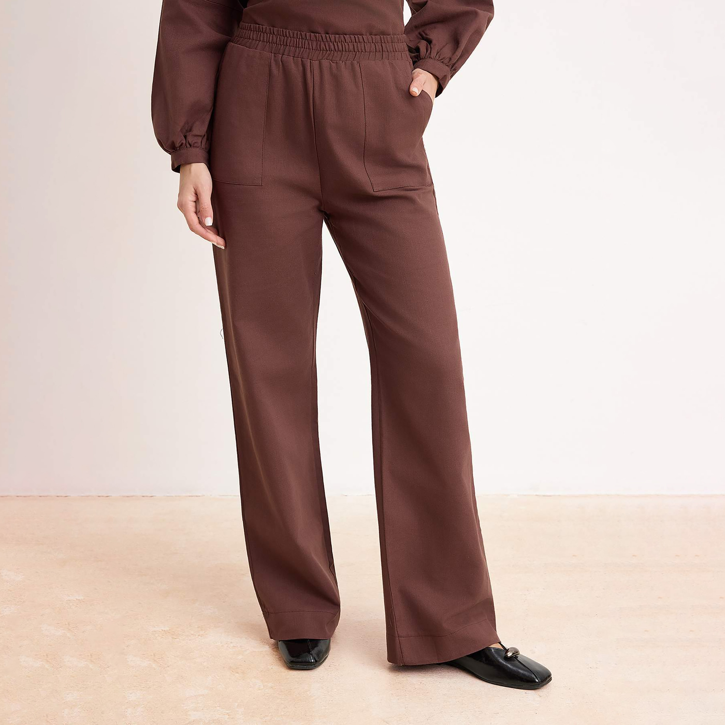 Trendyol Modest Brown Collared Balloon Sleeves Women's Tunic & Trousers Set-women-clothing-coordsets-image-4