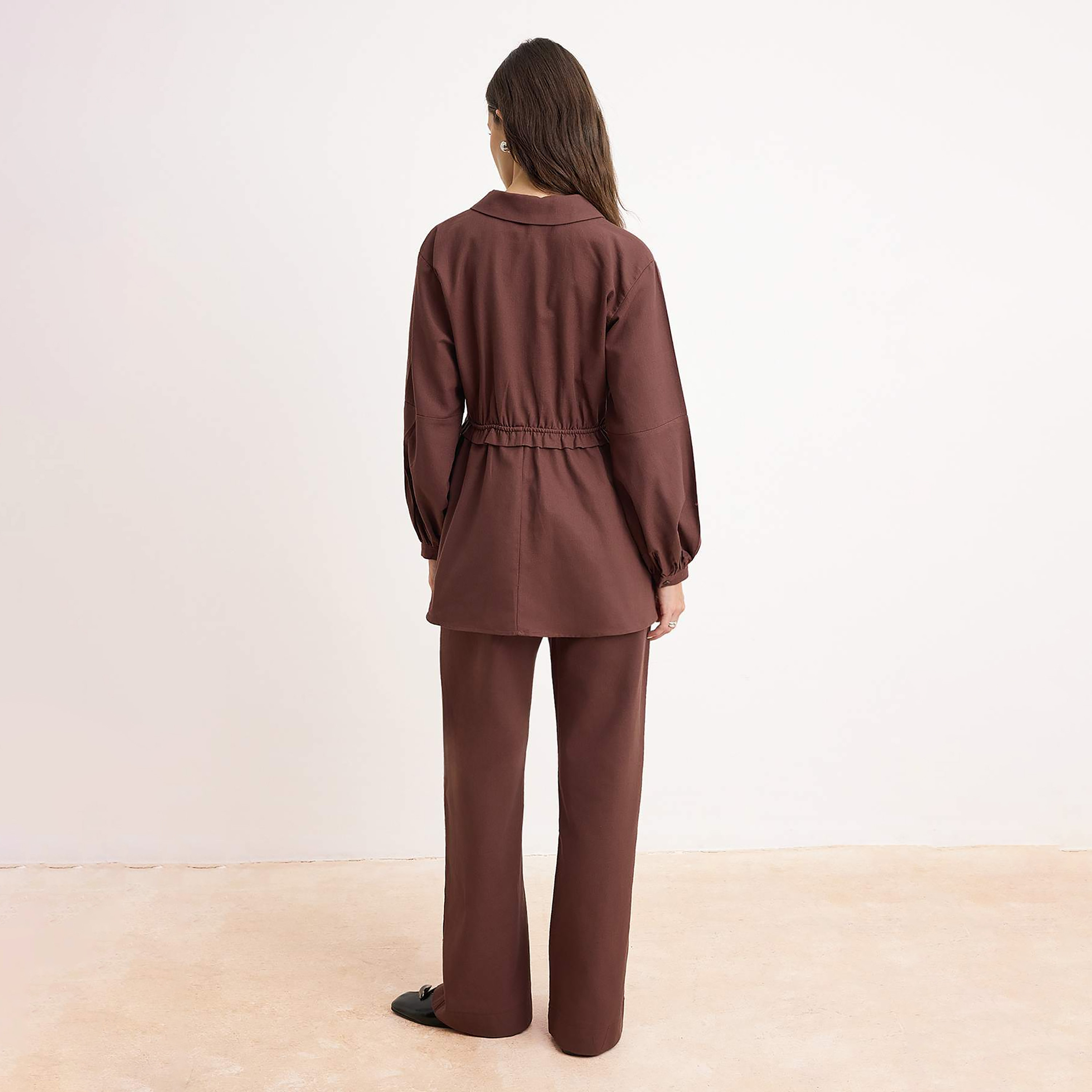 Trendyol Modest Brown Collared Balloon Sleeves Women's Tunic & Trousers Set-women-clothing-coordsets-image-5