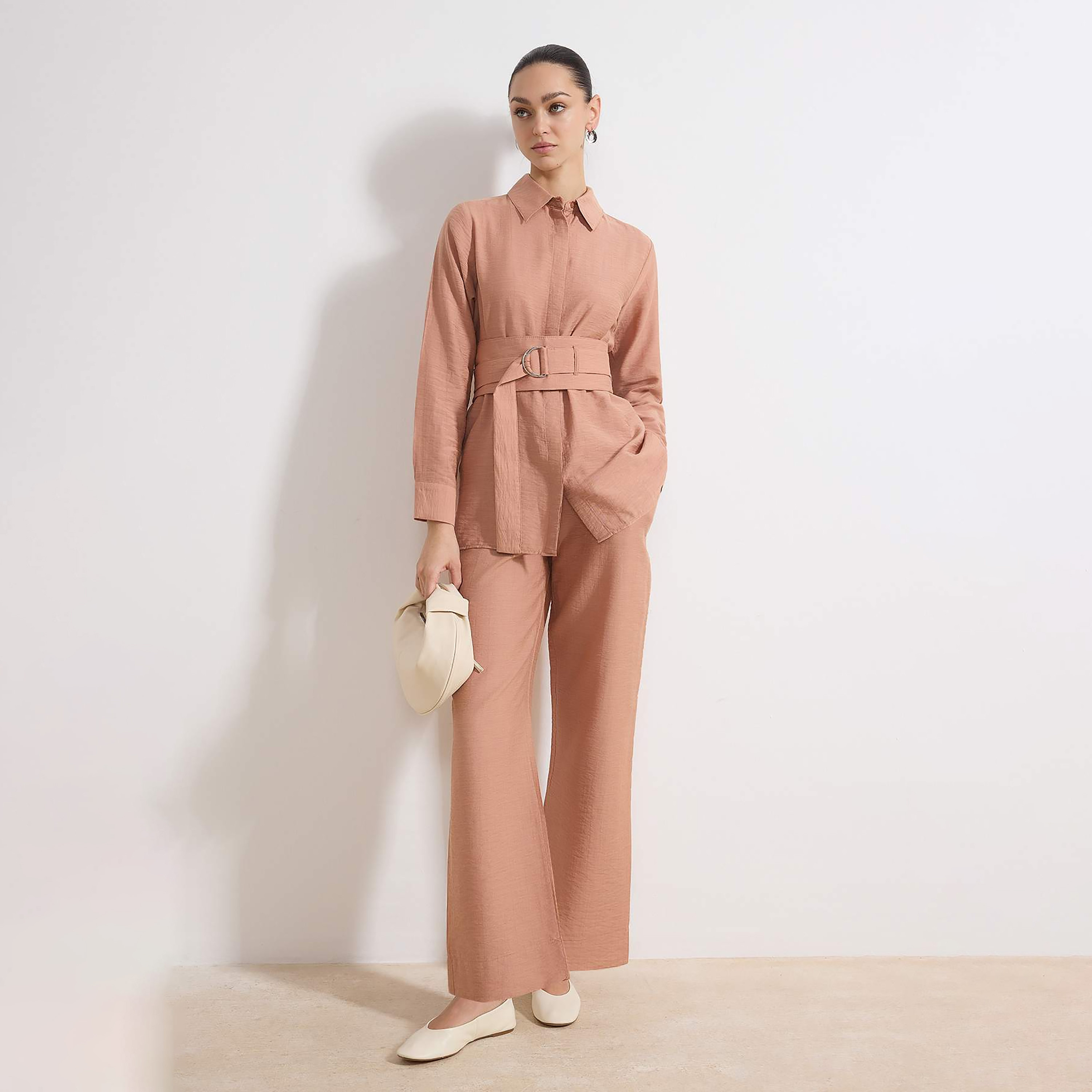 Trendyol Modest Peach Collared Women's Shirt & Pants Set-women-clothing-coordsets-image-1