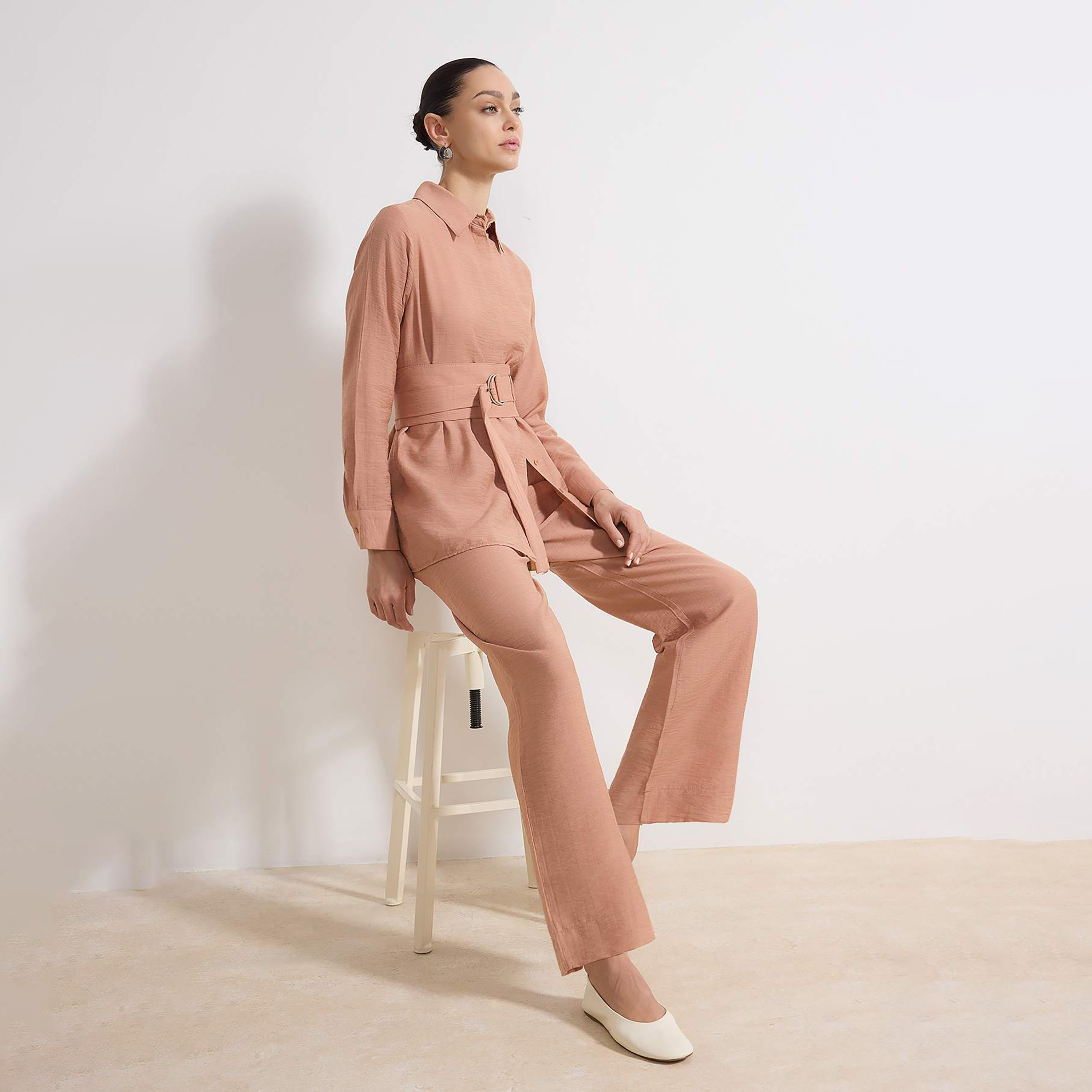 Trendyol Modest Peach Collared Women's Shirt & Pants Set-women-clothing-coordsets-image-2