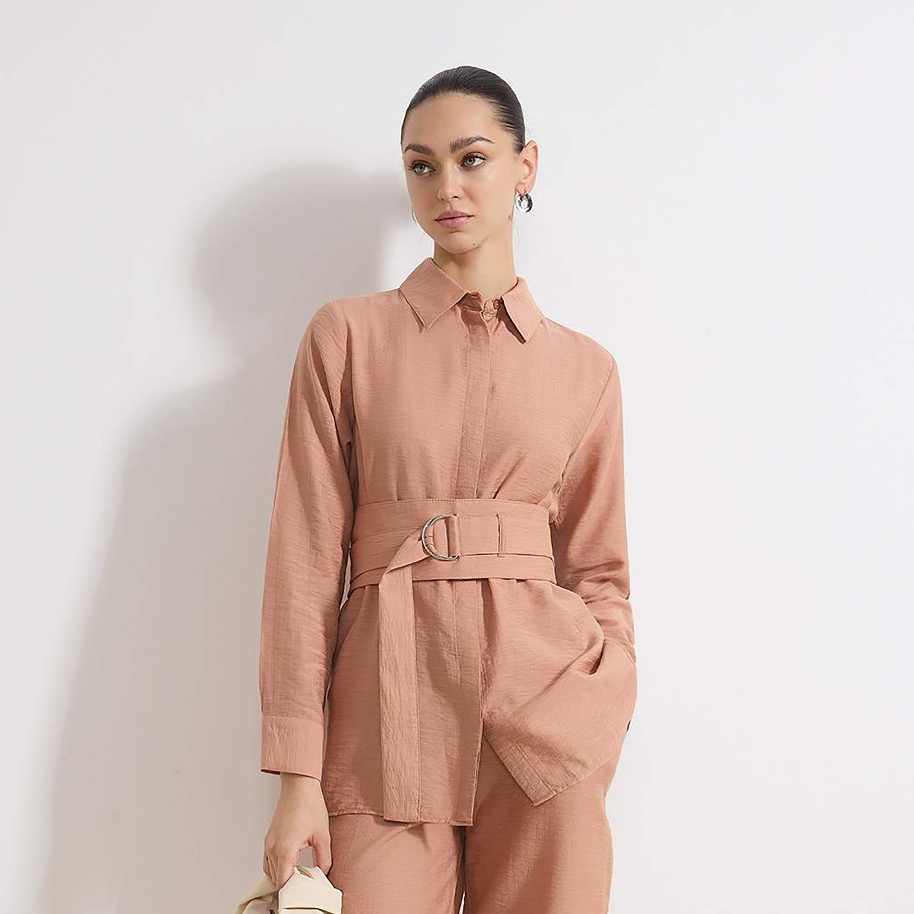 Trendyol Modest Peach Collared Women's Shirt & Pants Set-women-clothing-coordsets-image-3