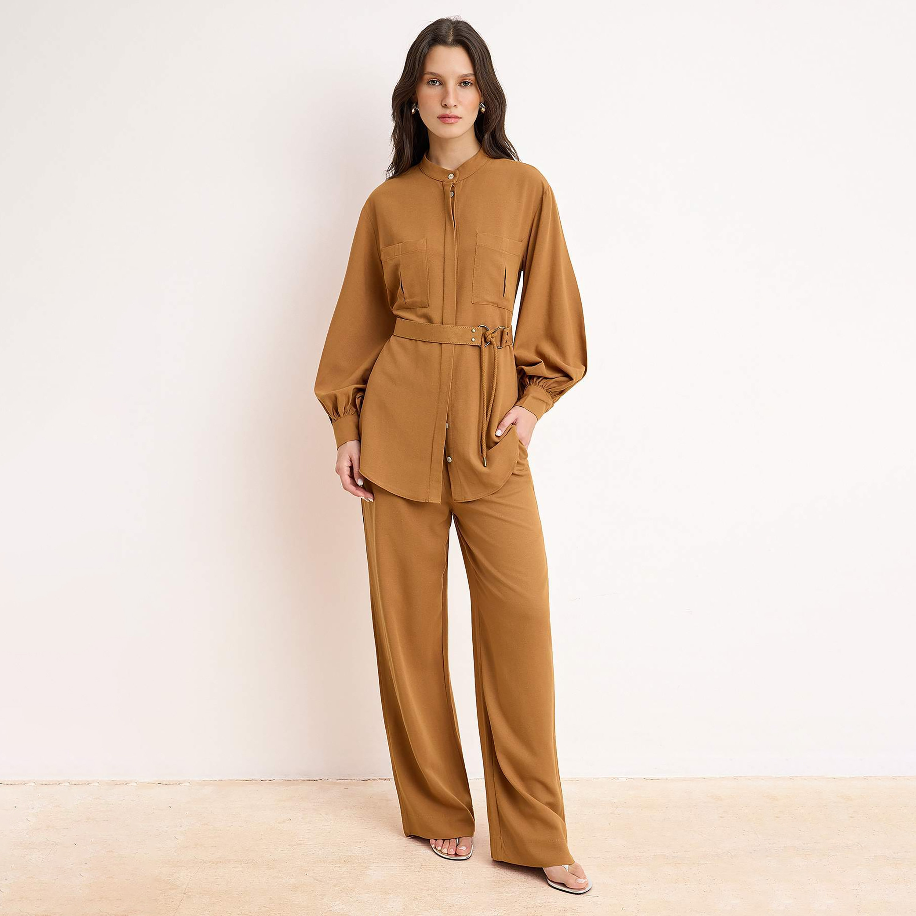 Trendyol Modest Brown Mandarin Collar Balloon Sleeves Women's Shirt & Trousers Set-women-clothing-coordsets-image-1
