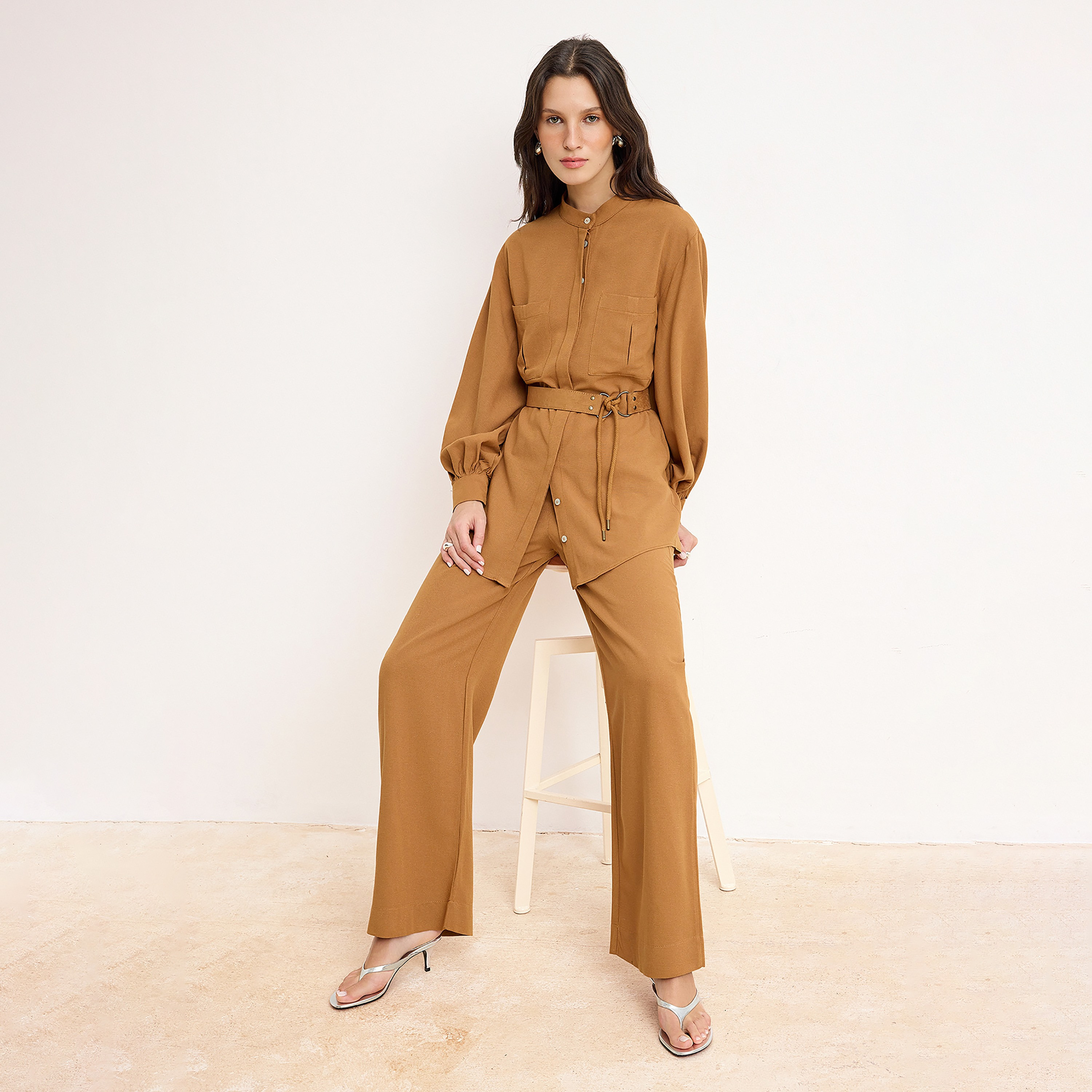 Trendyol Modest Brown Mandarin Collar Balloon Sleeves Women's Shirt & Trousers Set-women-clothing-coordsets-image-2