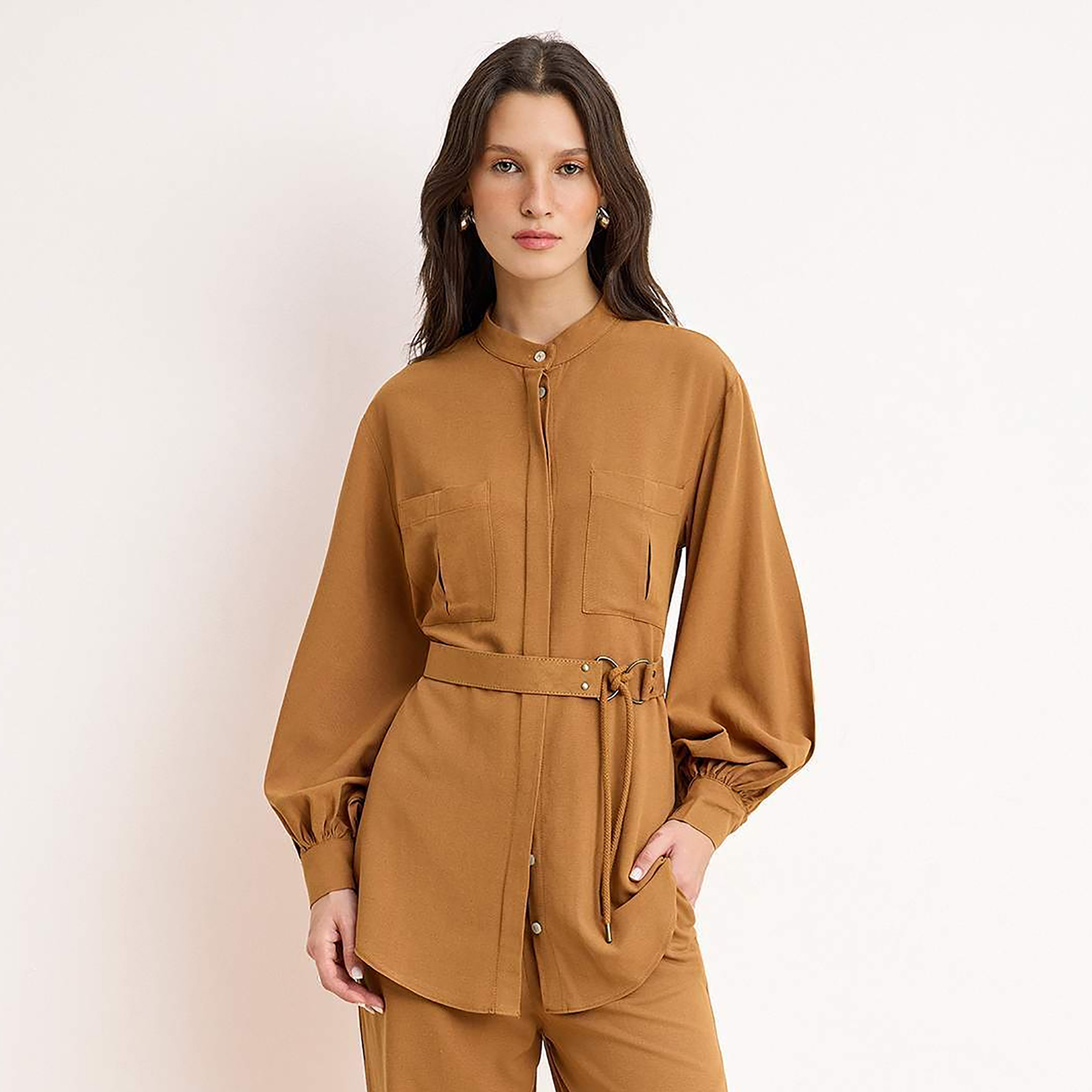 Trendyol Modest Brown Mandarin Collar Balloon Sleeves Women's Shirt & Trousers Set-women-clothing-coordsets-image-3