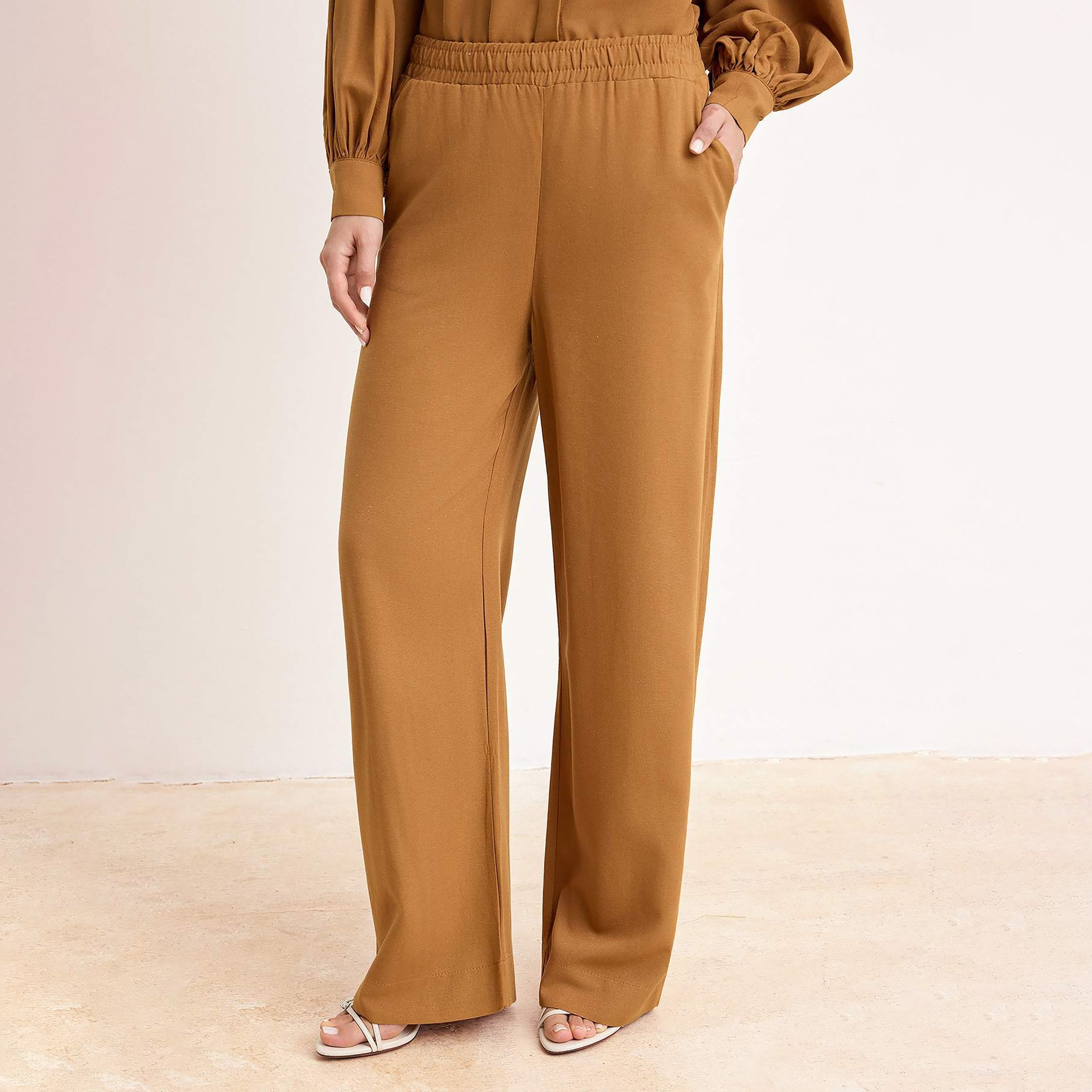 Trendyol Modest Brown Mandarin Collar Balloon Sleeves Women's Shirt & Trousers Set-women-clothing-coordsets-image-4