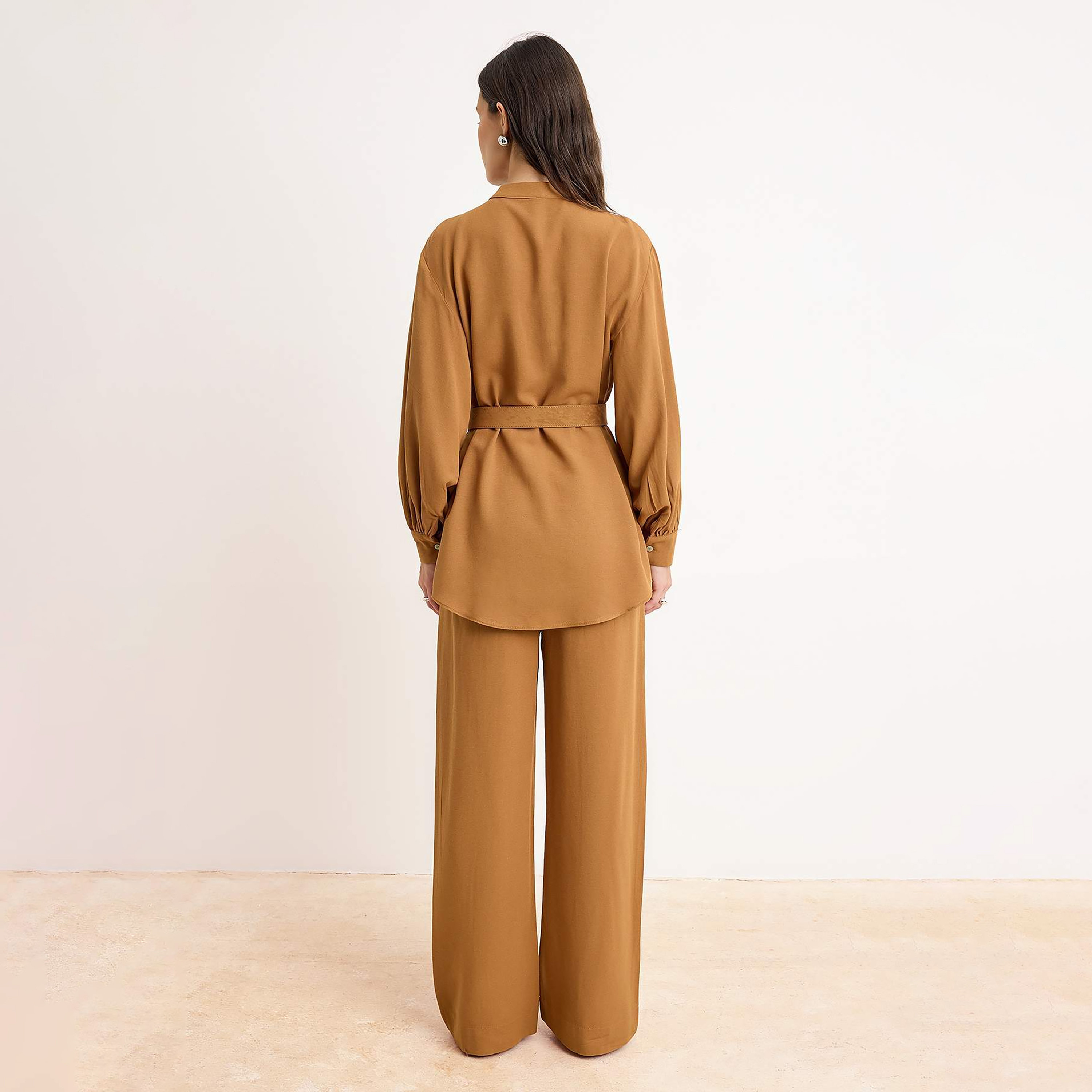 Trendyol Modest Brown Mandarin Collar Balloon Sleeves Women's Shirt & Trousers Set-women-clothing-coordsets-image-5