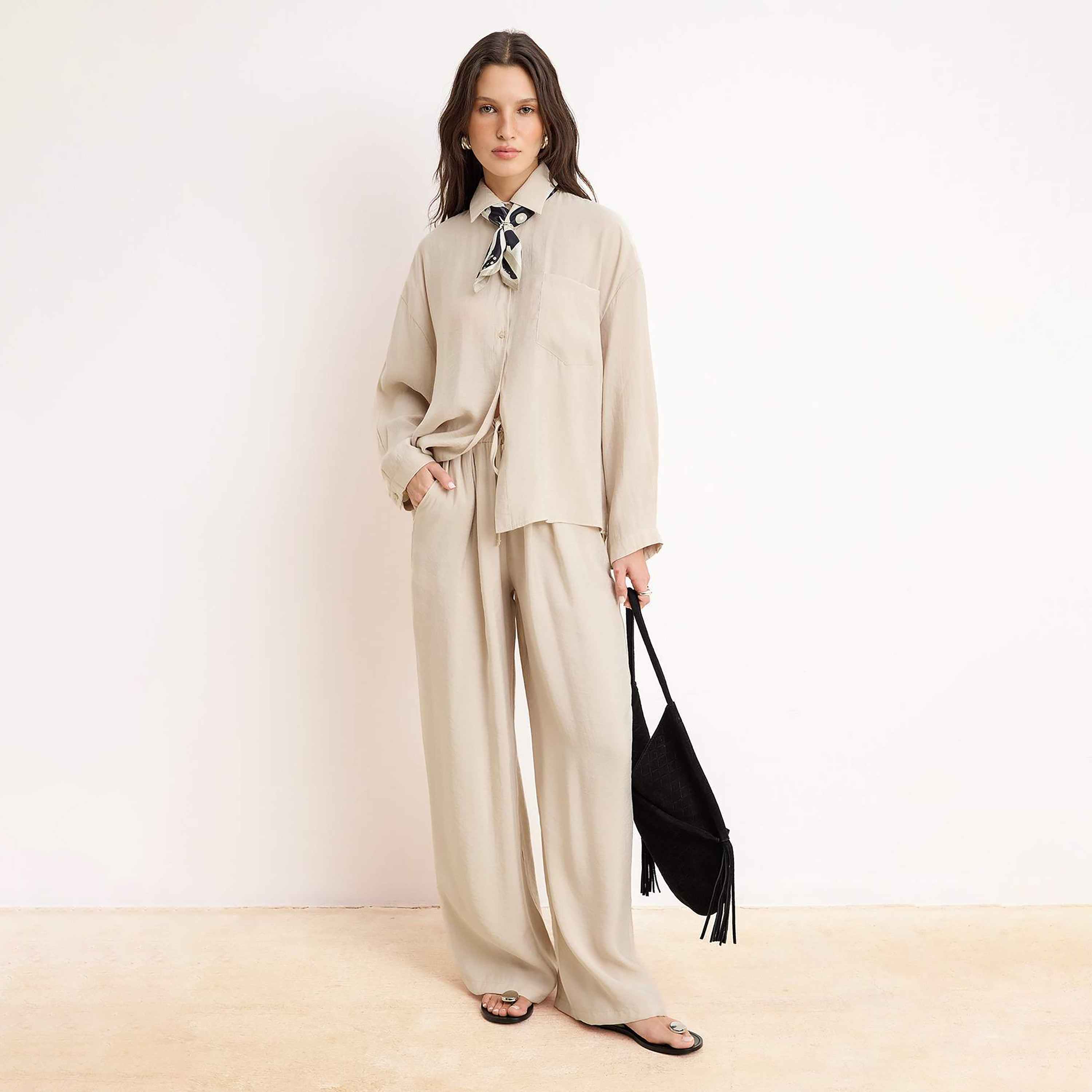 Trendyol Modest Beige Collared Dropped Sleeves Women's Shirt & Trousers Set-women-clothing-coordsets-image-1