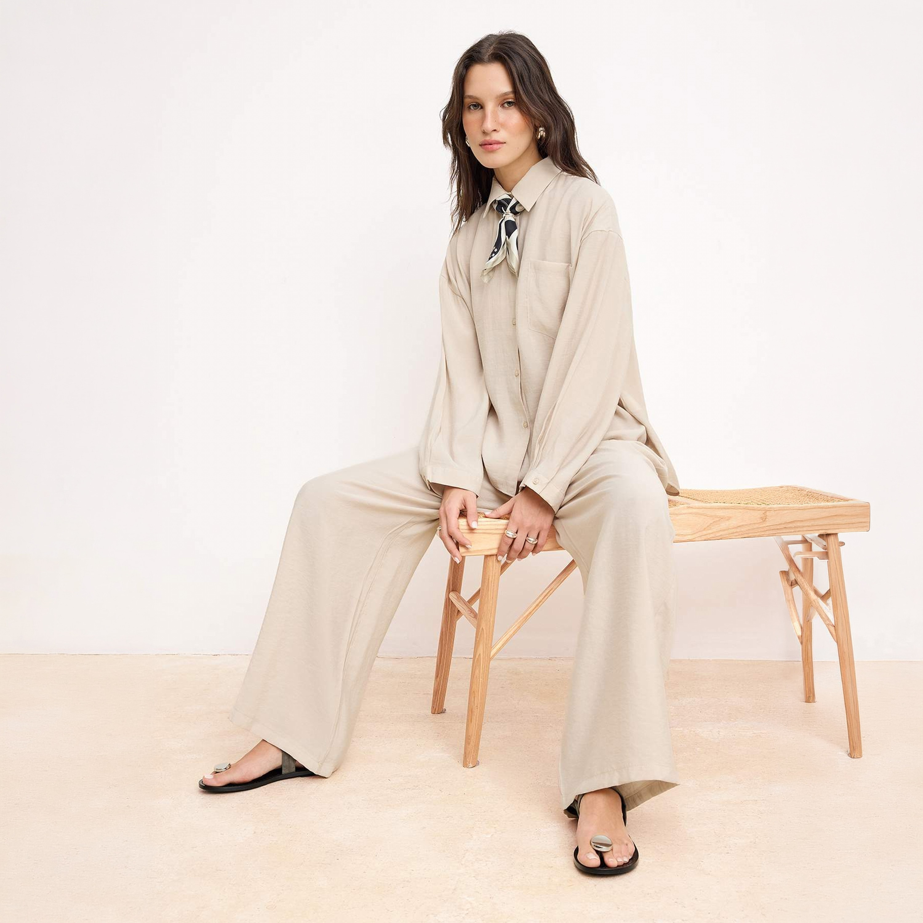 Trendyol Modest Beige Collared Dropped Sleeves Women's Shirt & Trousers Set-women-clothing-coordsets-image-2