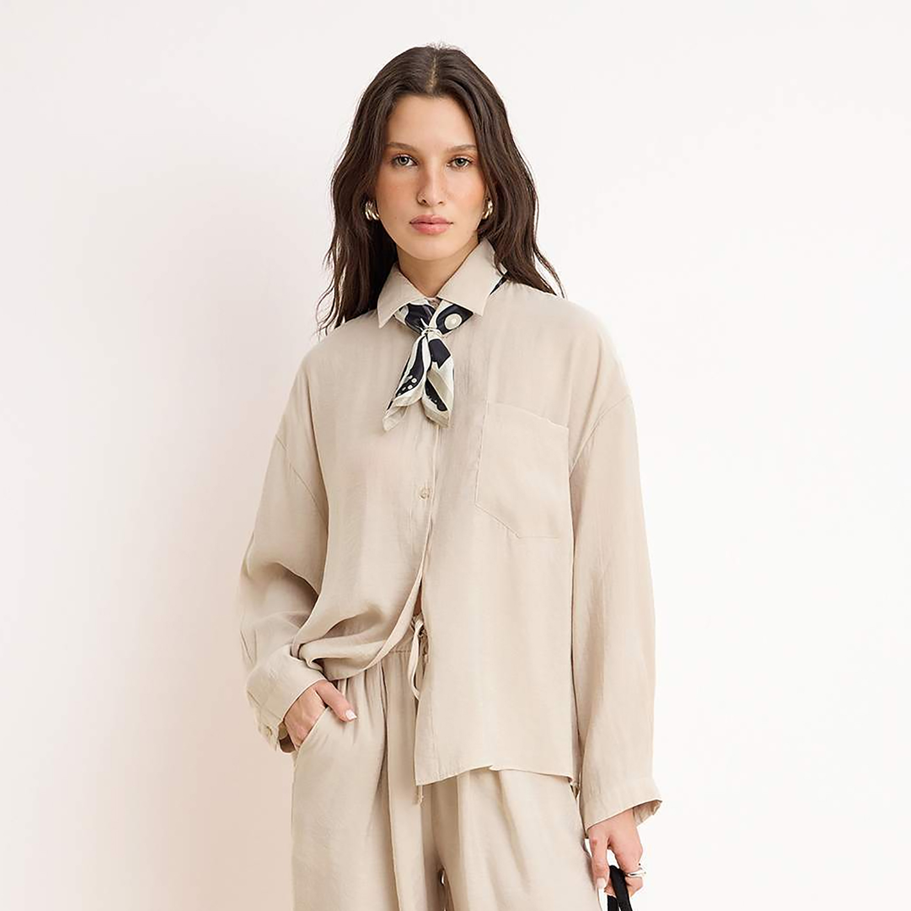 Trendyol Modest Beige Collared Dropped Sleeves Women's Shirt & Trousers Set-women-clothing-coordsets-image-3