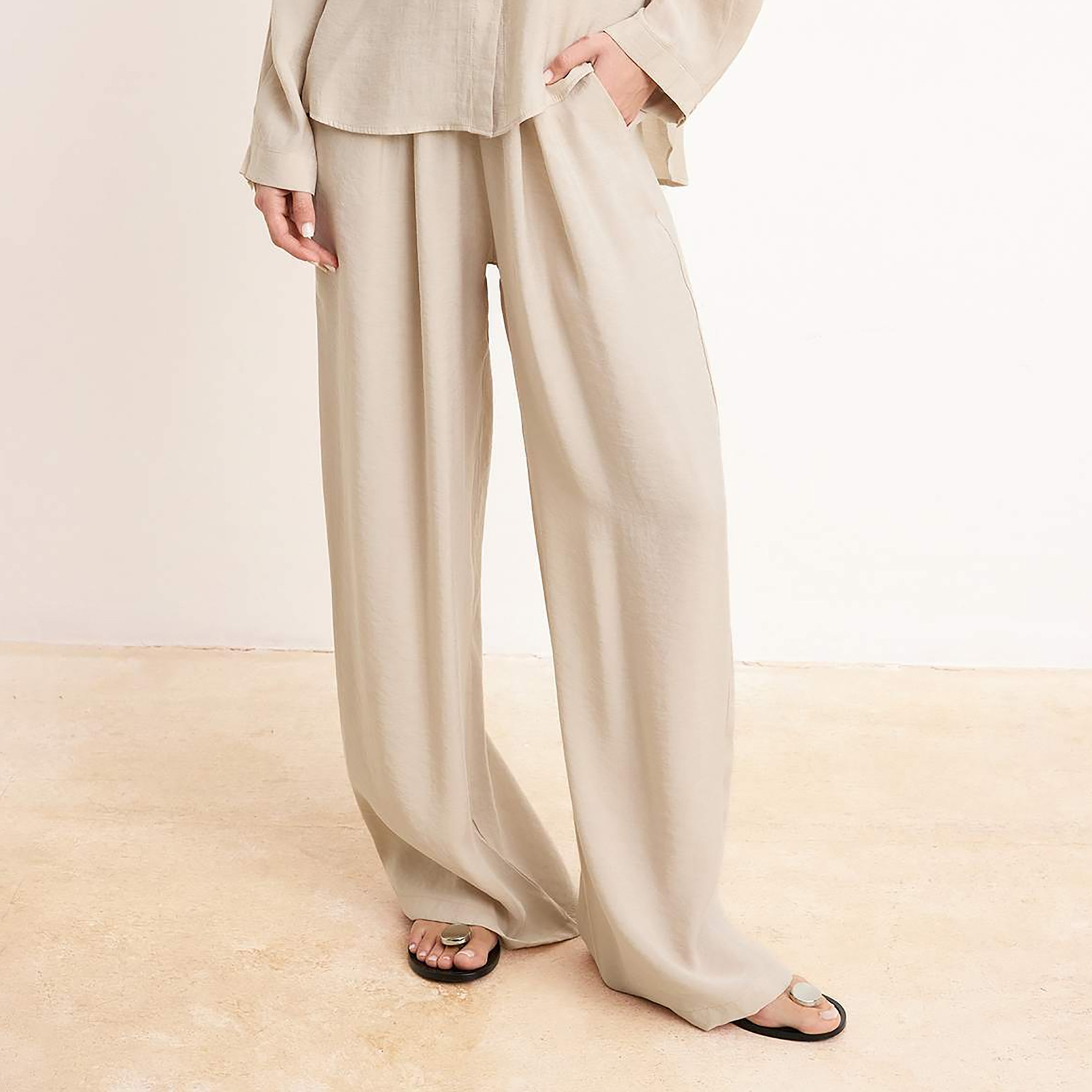 Trendyol Modest Beige Collared Dropped Sleeves Women's Shirt & Trousers Set-women-clothing-coordsets-image-4