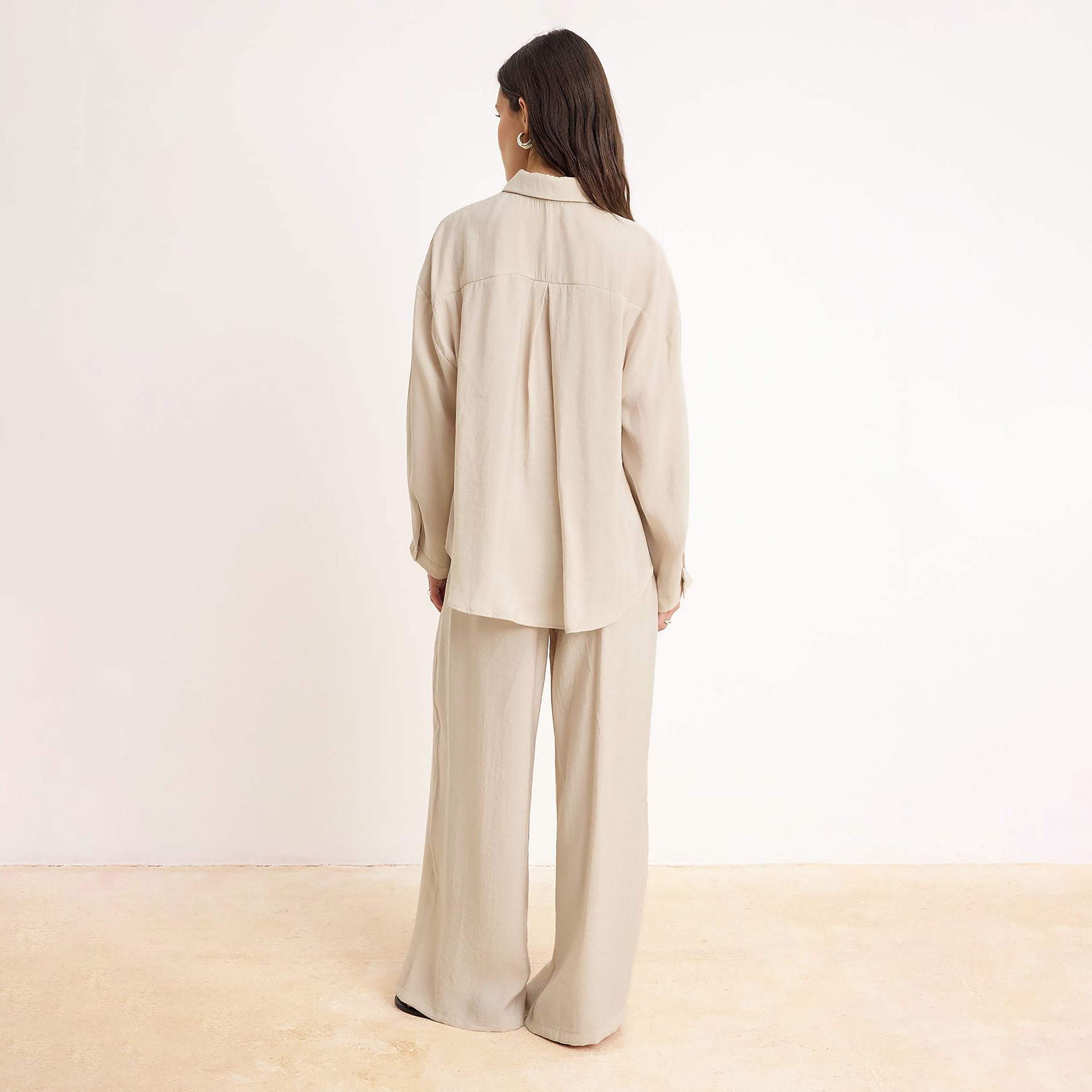 Trendyol Modest Beige Collared Dropped Sleeves Women's Shirt & Trousers Set-women-clothing-coordsets-image-5