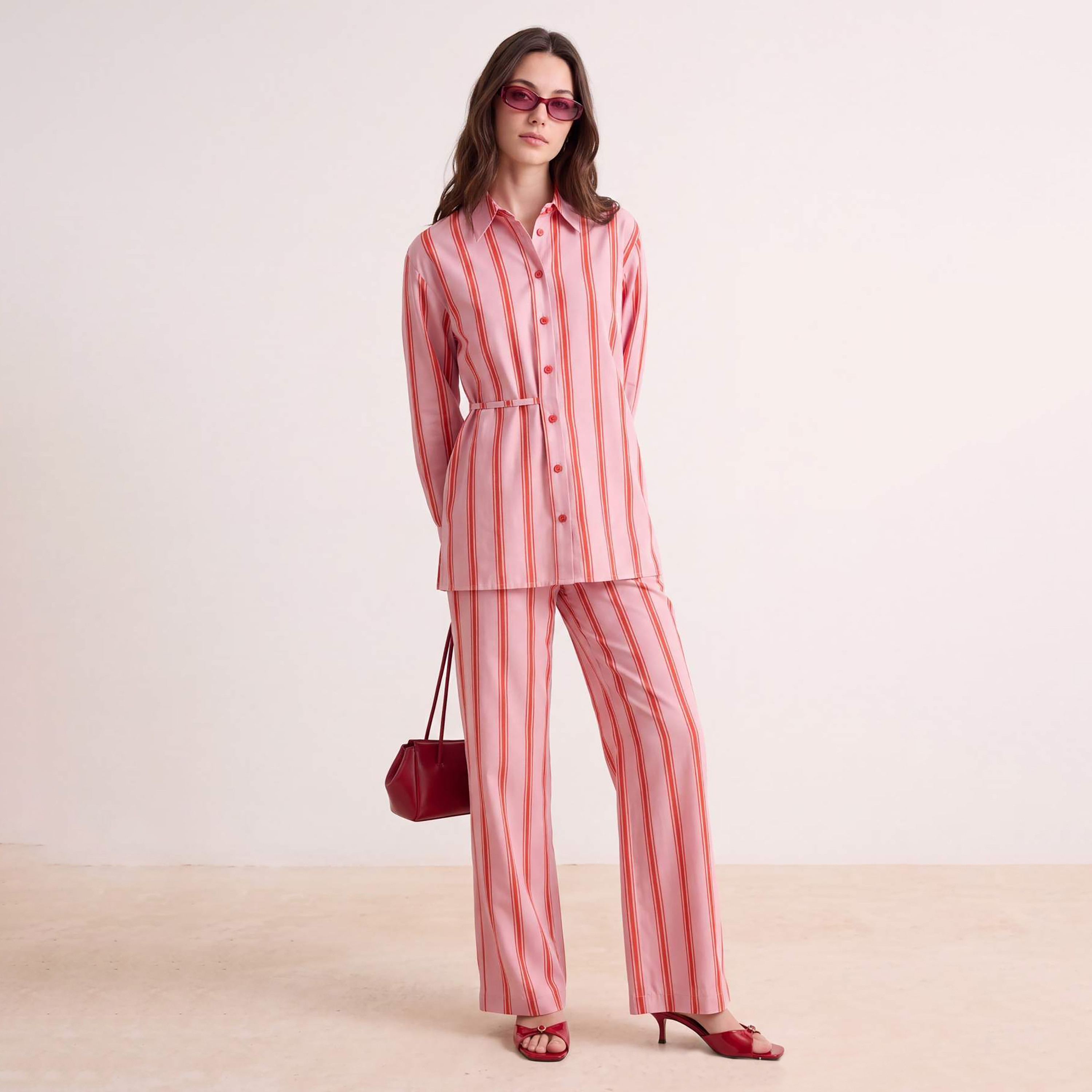 Trendyol Modest Pink Striped Pointed Collar Women's Shirt & Trousers Set-women-clothing-coordsets-image-1