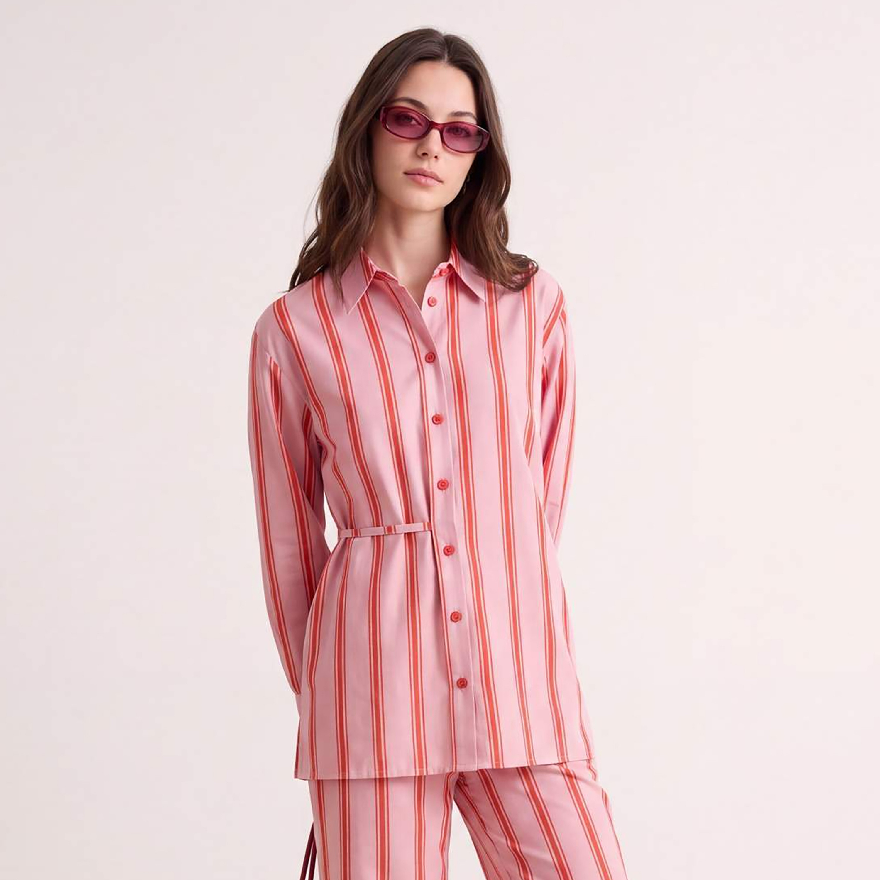 Trendyol Modest Pink Striped Pointed Collar Women's Shirt & Trousers Set-women-clothing-coordsets-image-3