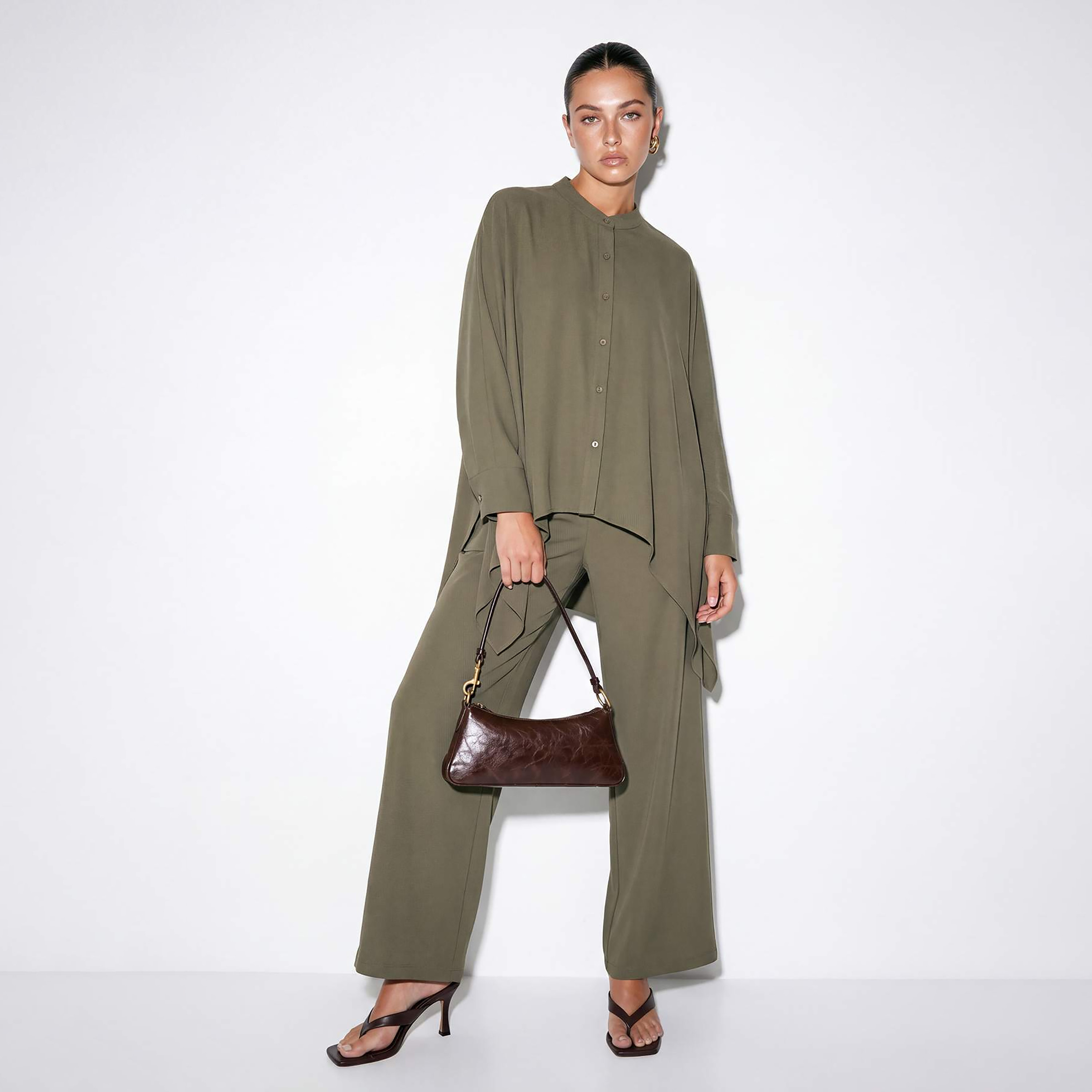 Trendyol Modest Mandarin Collar Dropped Sleeves Women's Shirt & Trousers Set-women-clothing-coordsets-image-1