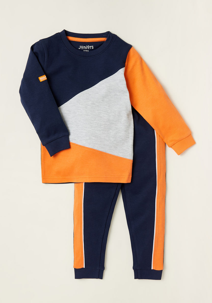 Juniors Coloublock Long Sleeves T-shirt and Full Length Pyjama Set-Pyjama Sets-image-0