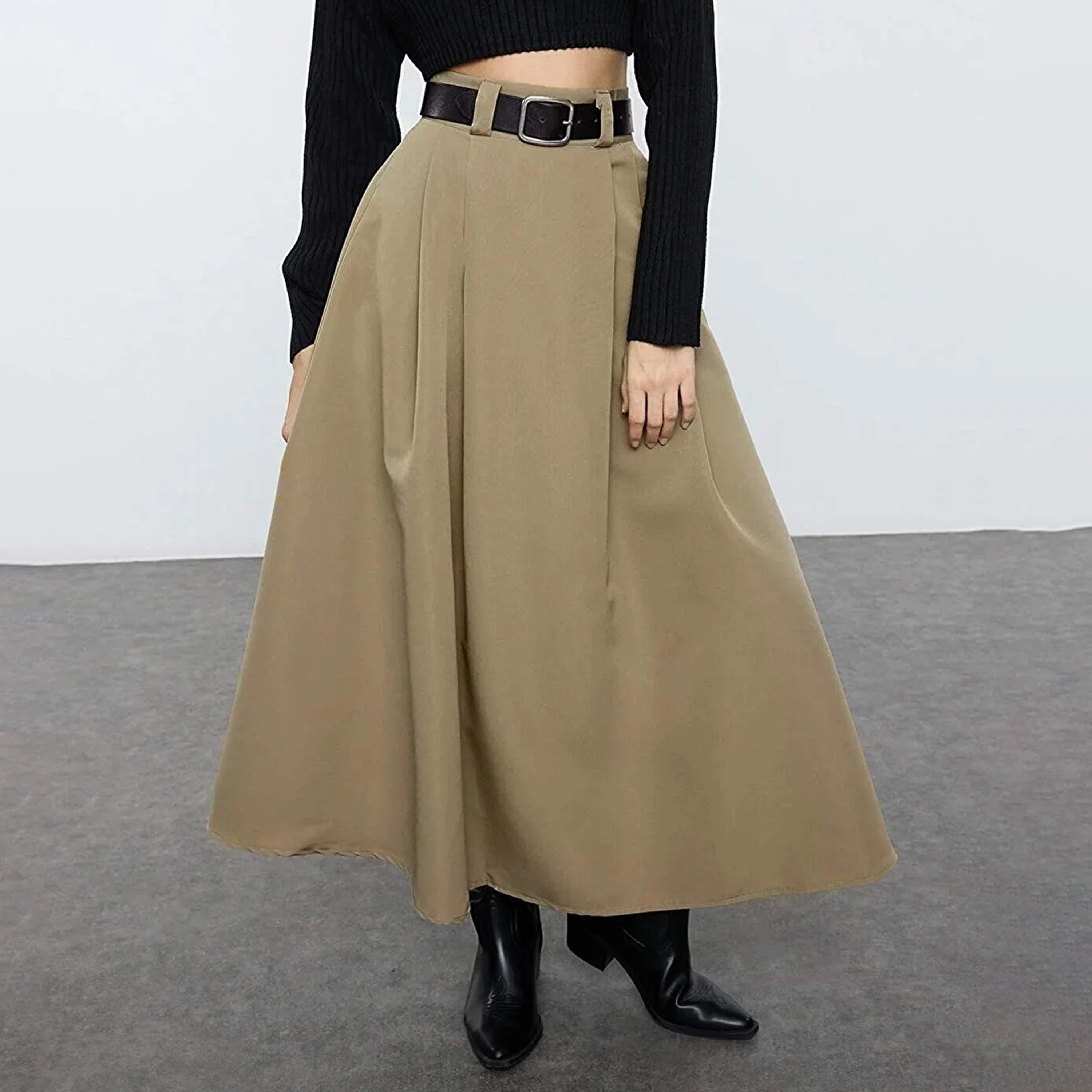 تنورة ماكسي خضراء واسعة مطوية للنساء-women-clothing-skirts-image-1