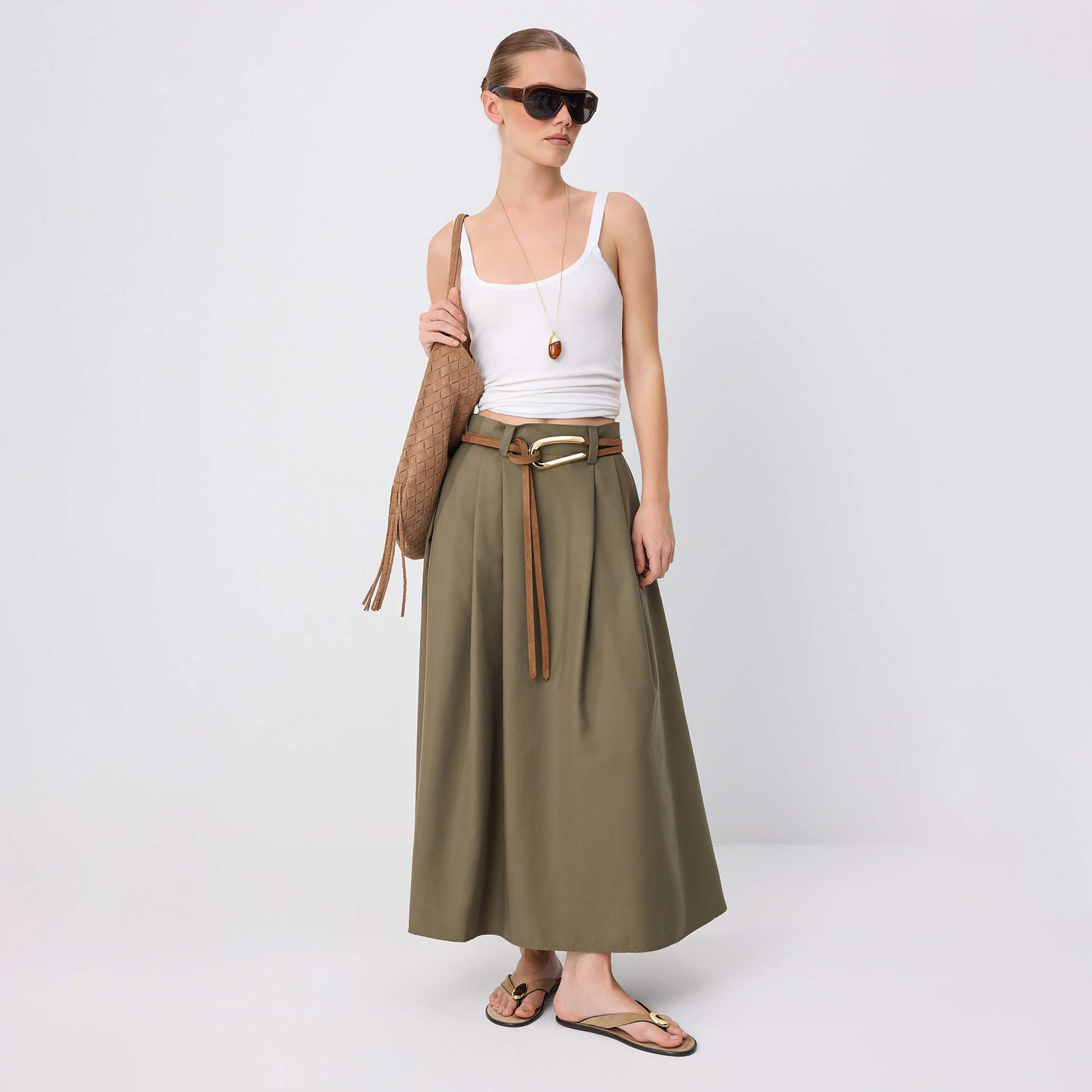 تنورة ماكسي خضراء واسعة مطوية للنساء-women-clothing-skirts-image-2