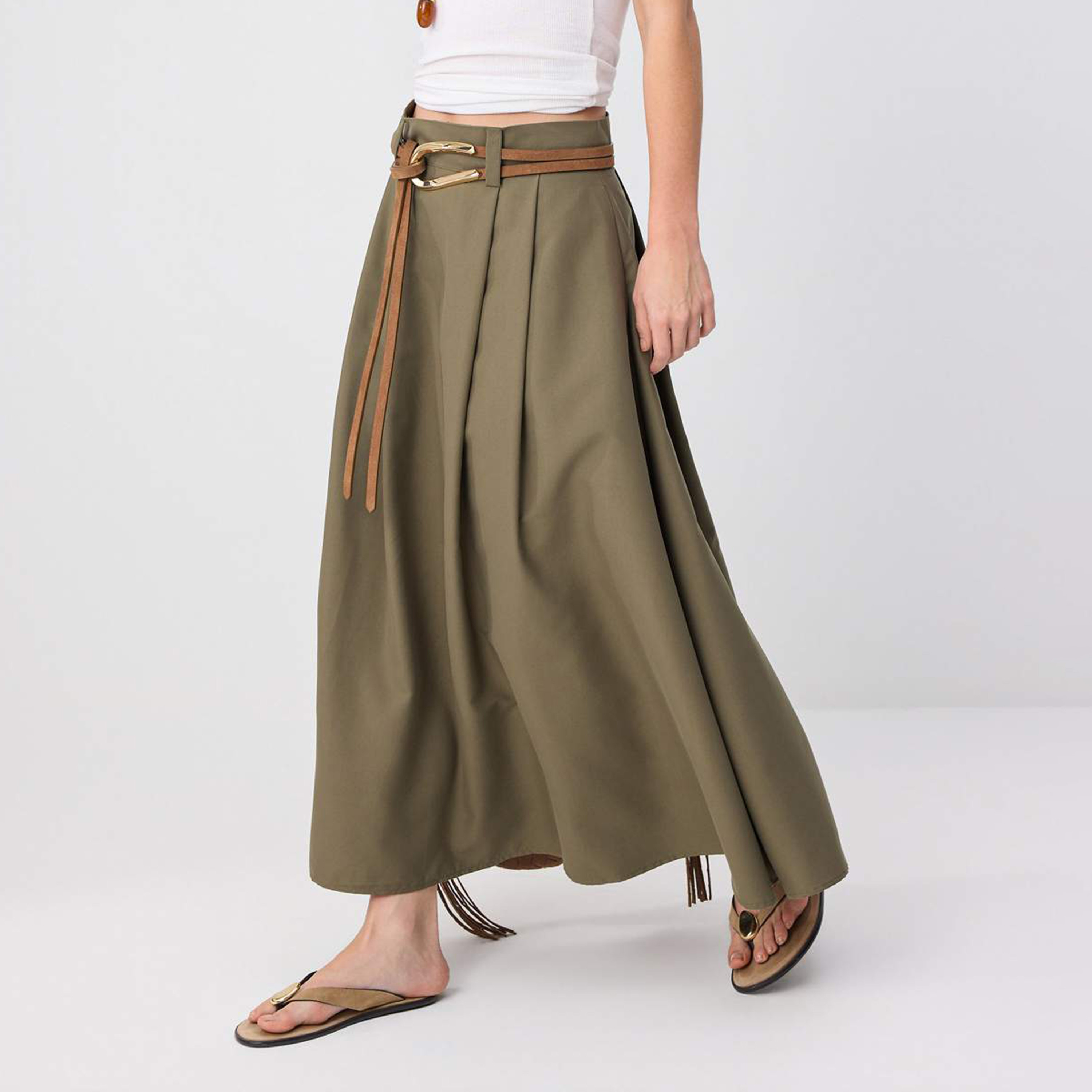 تنورة ماكسي خضراء واسعة مطوية للنساء-women-clothing-skirts-image-3