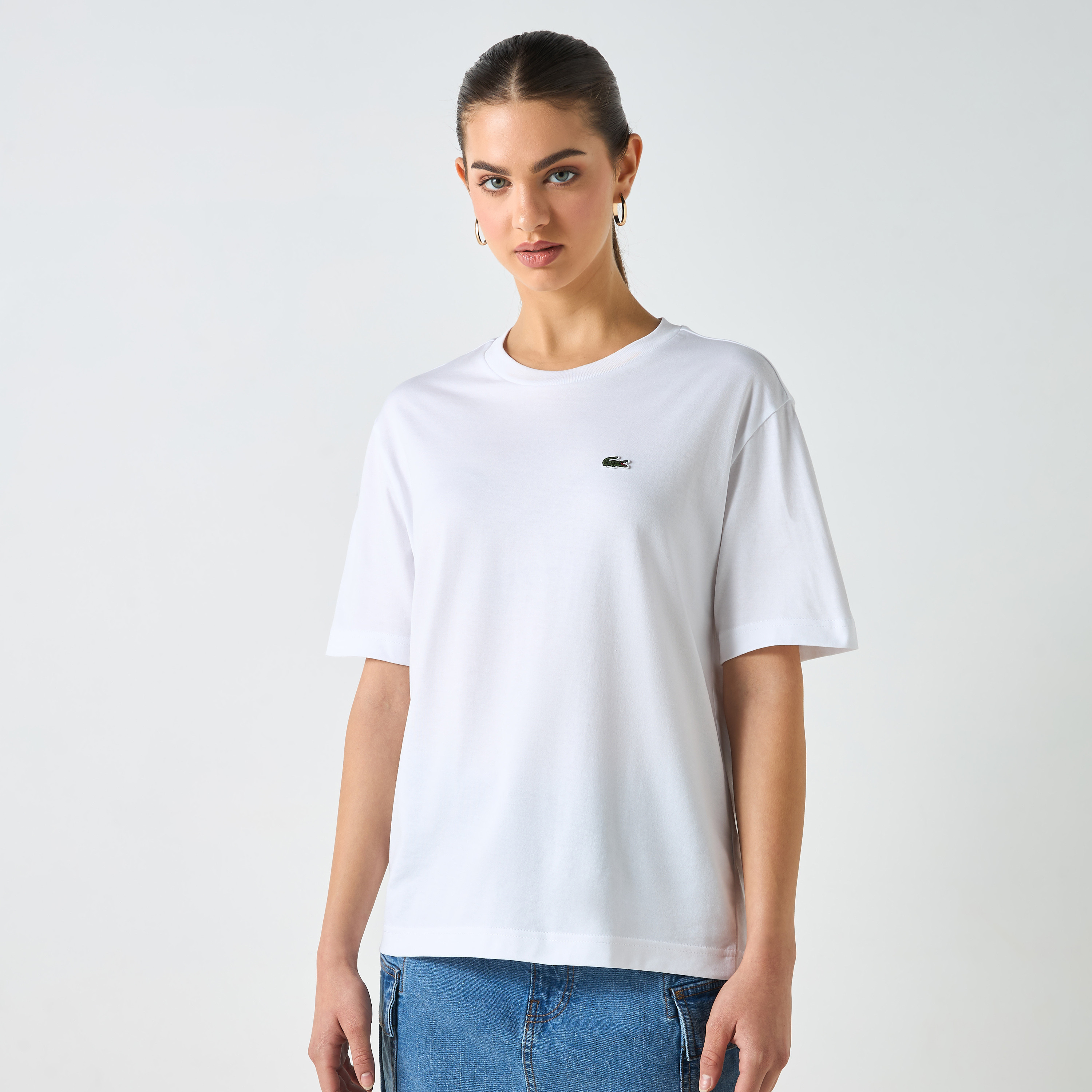 Lacoste Logo Applique Round Neck T-shirt with Short Sleeves-women-clothing-tshirts-image-3