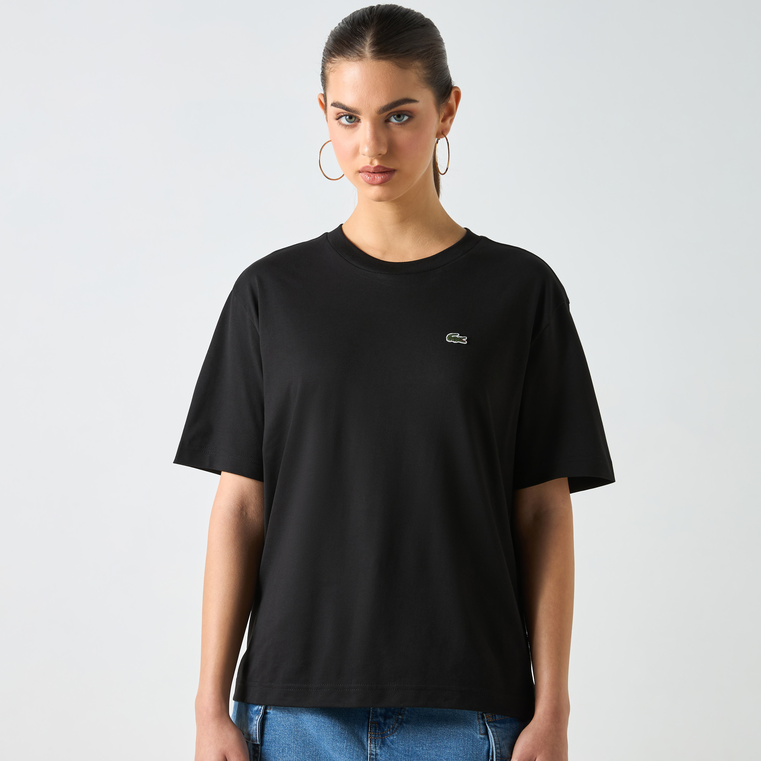 Lacoste Solid Round Neck T-shirt with Short Sleeves-women-clothing-tshirts-image-3