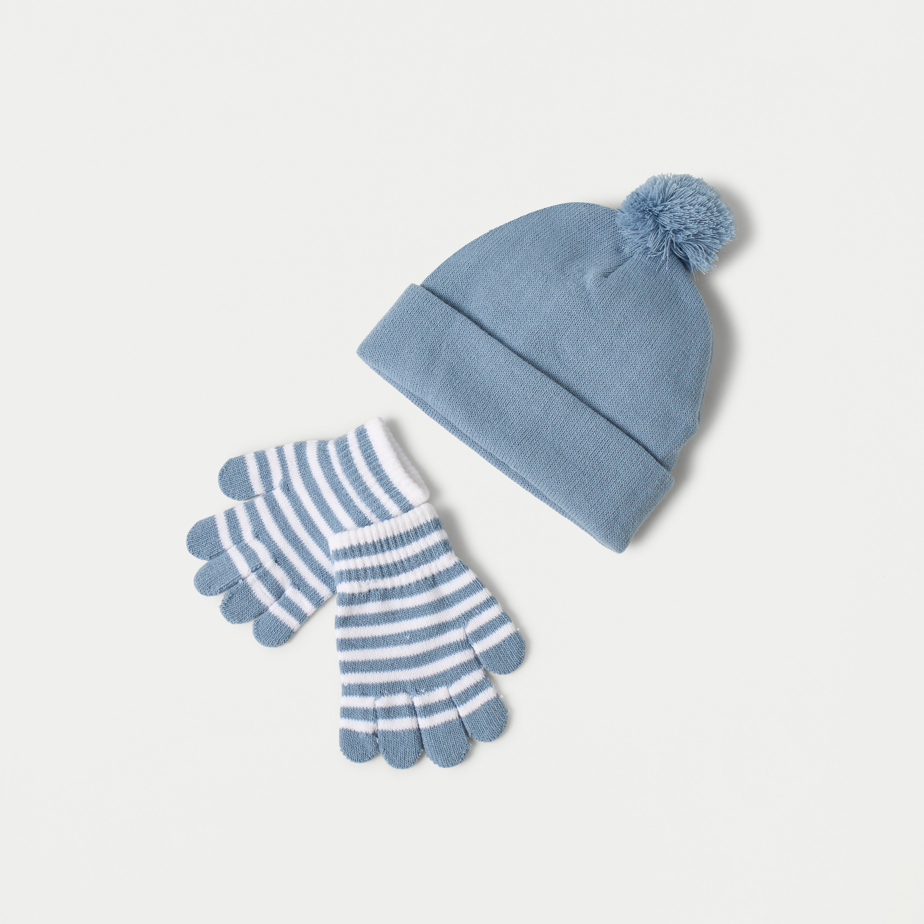 مجموعة قفازات مخططة وقبعة بيني سادة من جونيورز-baby-boys-accessories-caps-image-1