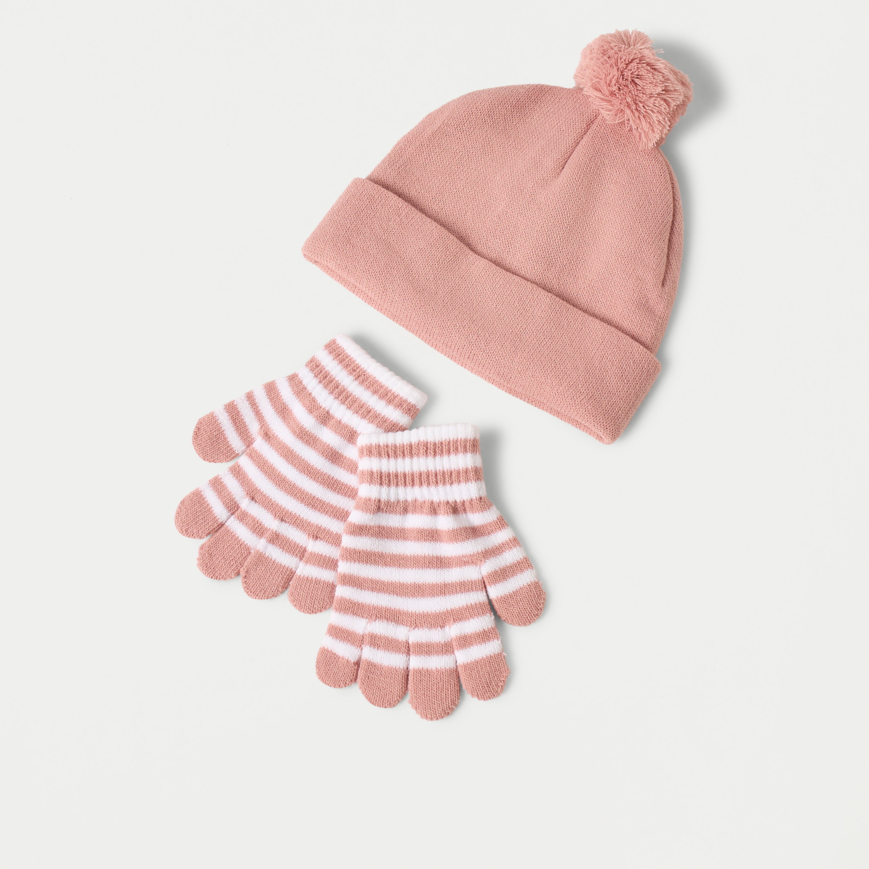 Juniors Solid Beanie Cap and Striped Gloves Set-baby-girls-accessories-caps-image-1
