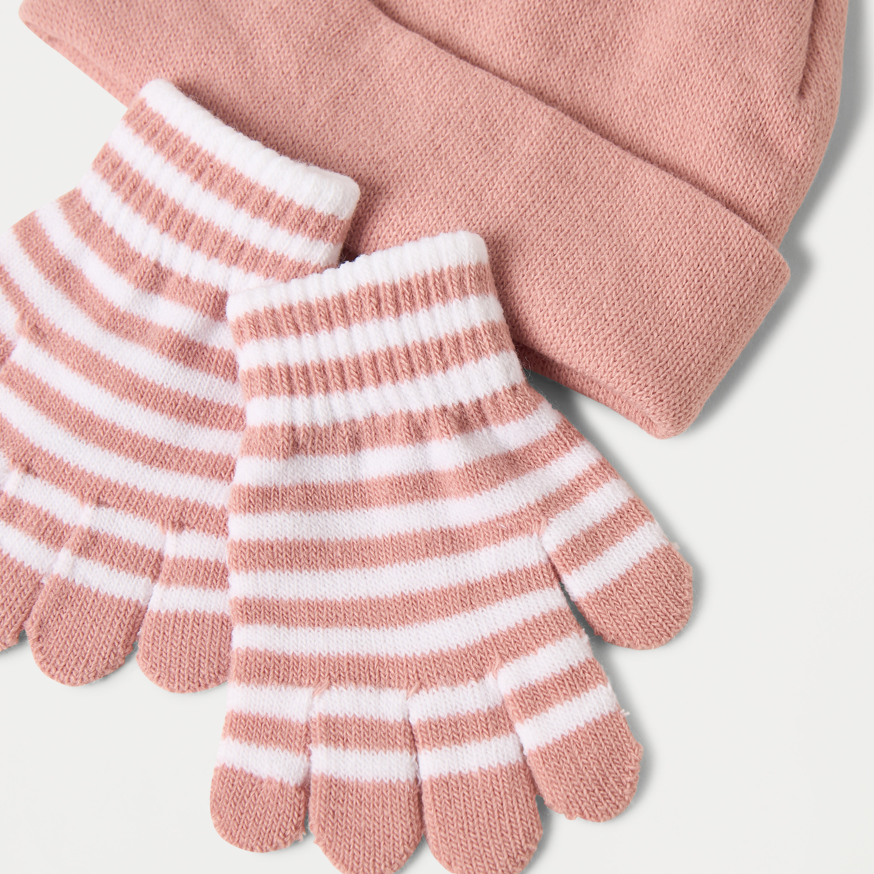 Juniors Solid Beanie Cap and Striped Gloves Set-baby-girls-accessories-caps-image-4