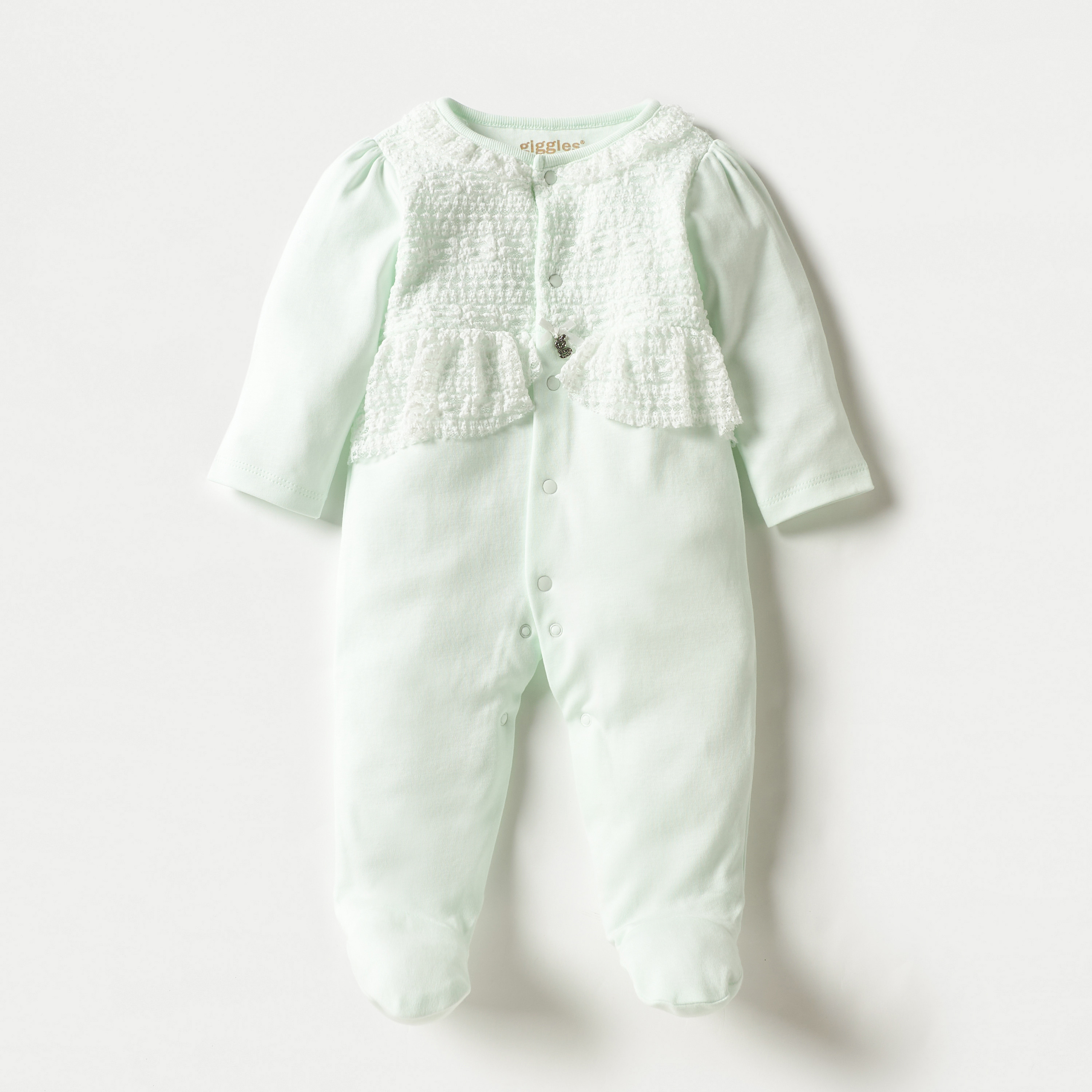 Giggles Panelled Sleepsuit with Long Sleeves and Snap Button Closure-baby-girls-clothing-nightwear-sleepsuits-image-1